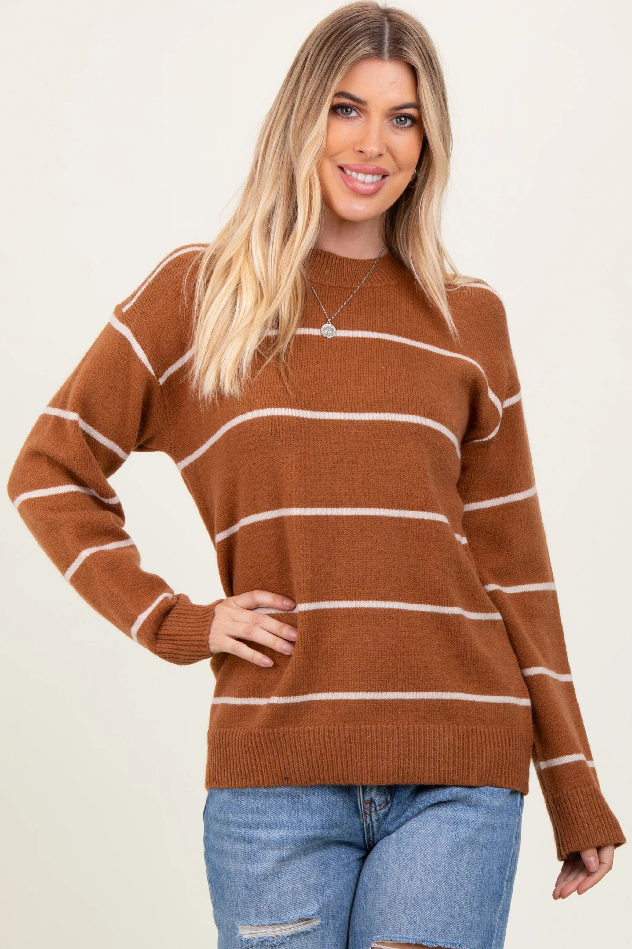 Mocha Striped Mock Neck Maternity Sweater - Image 4