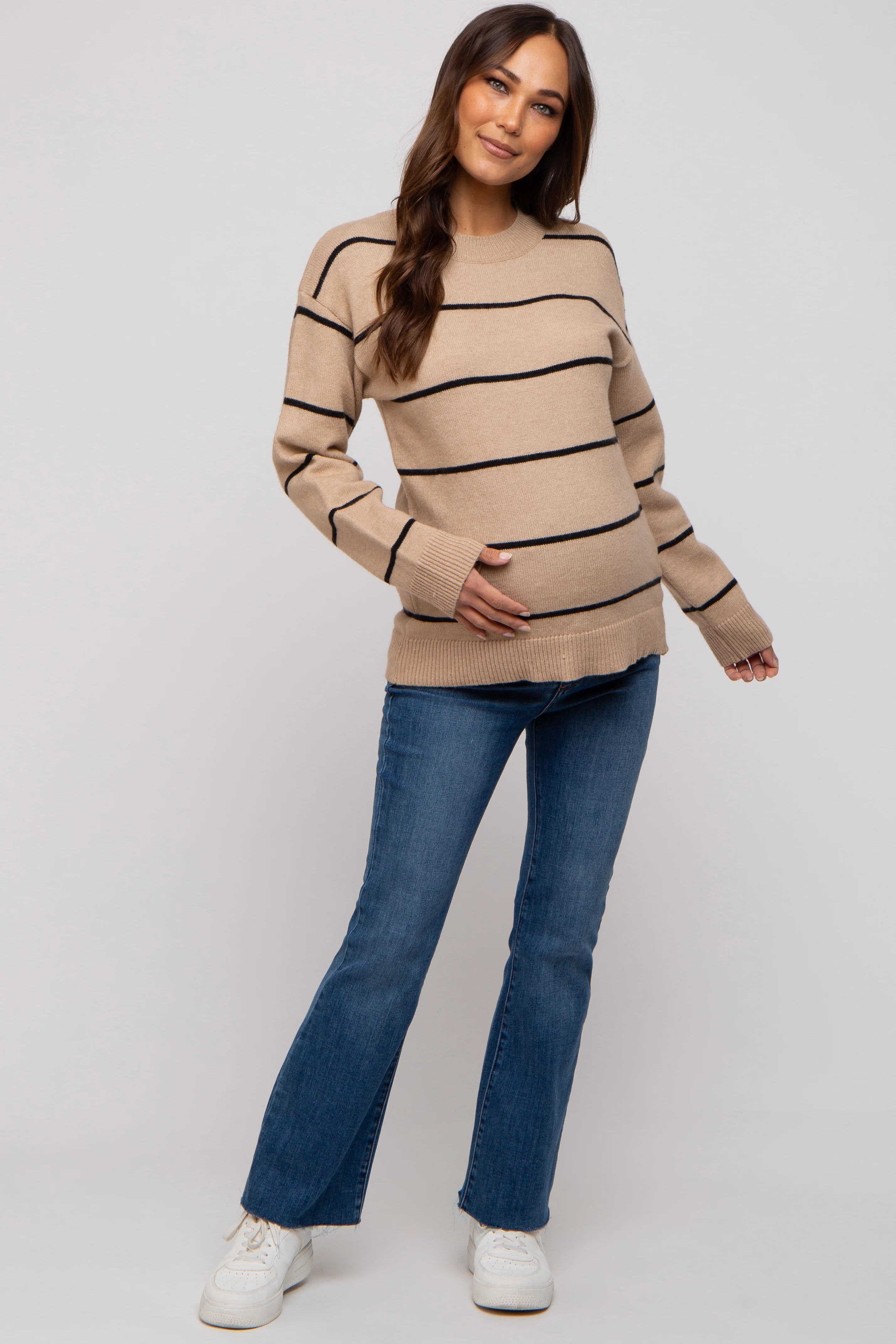 Mocha Striped Mock Neck Maternity Sweater - Image 4
