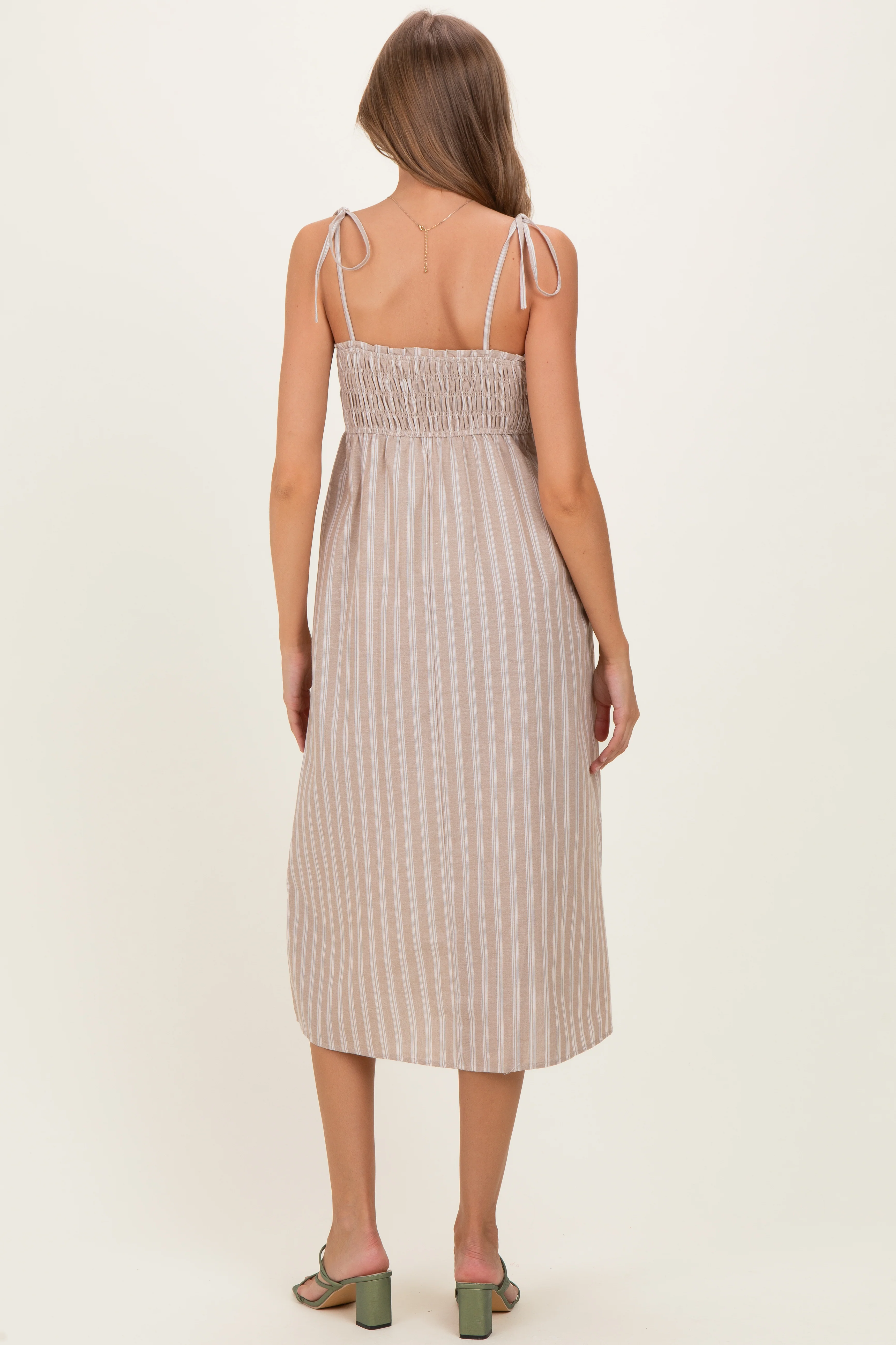 Mocha Striped Smocked Shoulder Tie Maternity Midi Dress - Image 3