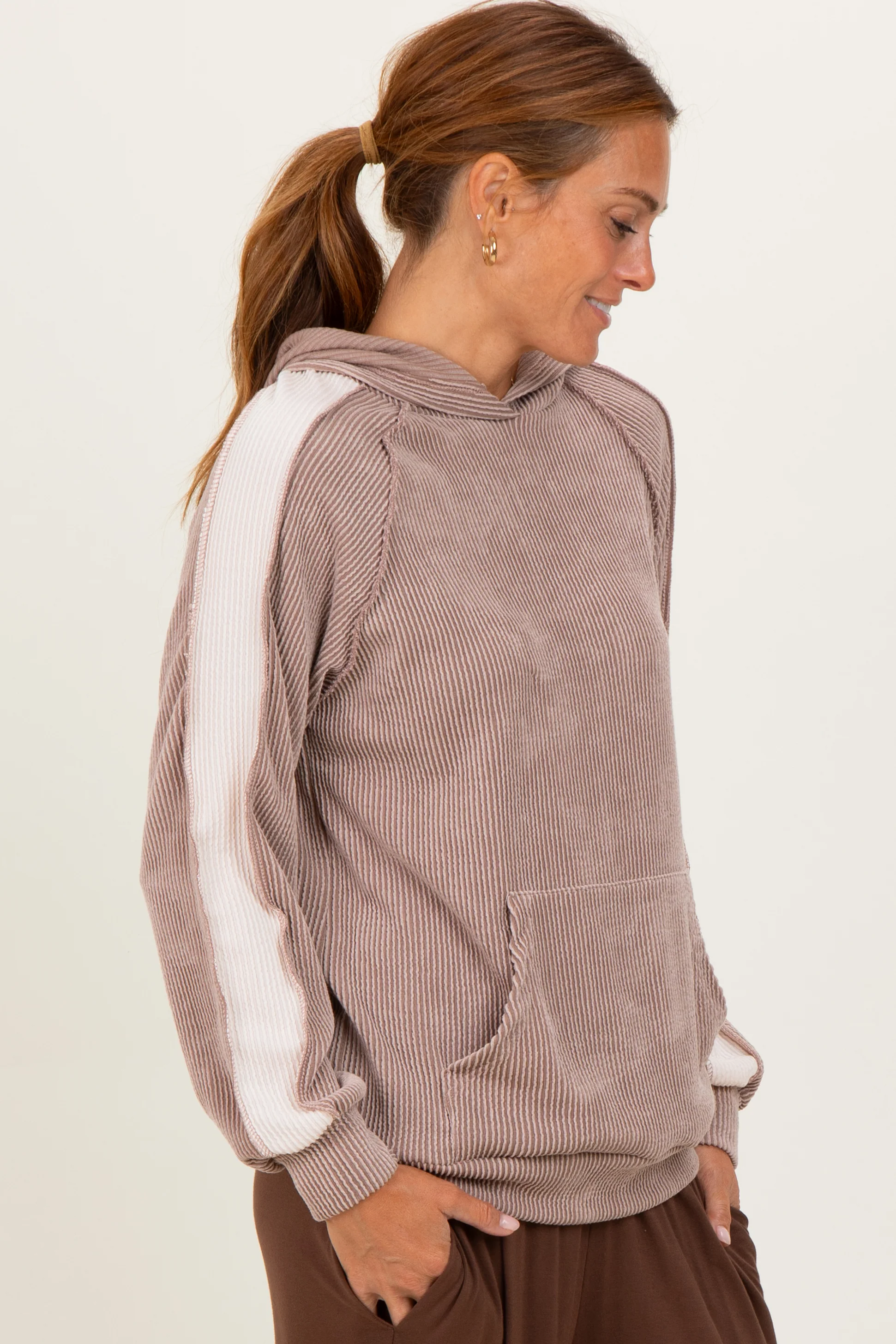 Mocha Textured Rib Colorblock Hoodie - Image 3