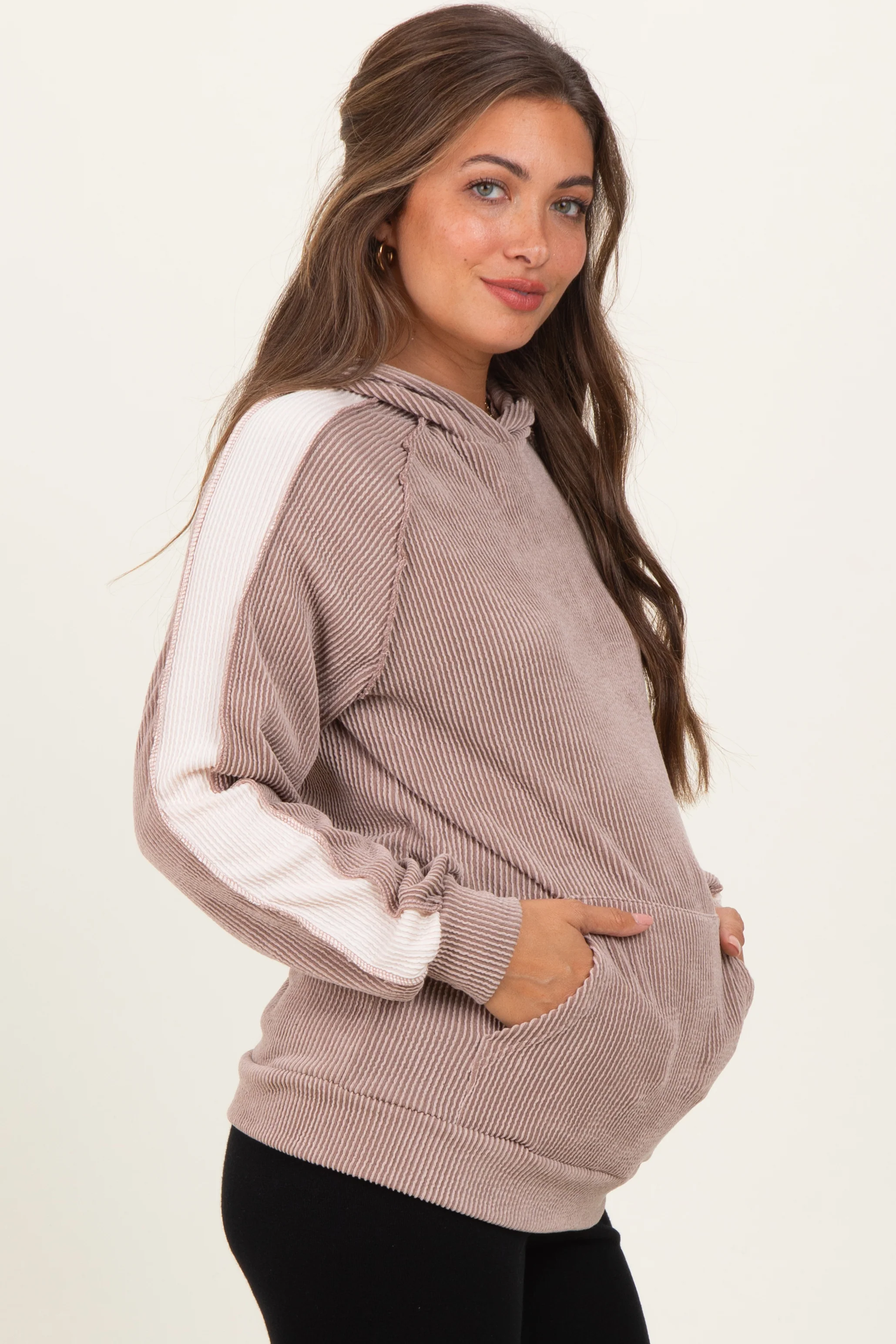 Mocha Textured Rib Colorblock Maternity Hoodie - Image 3