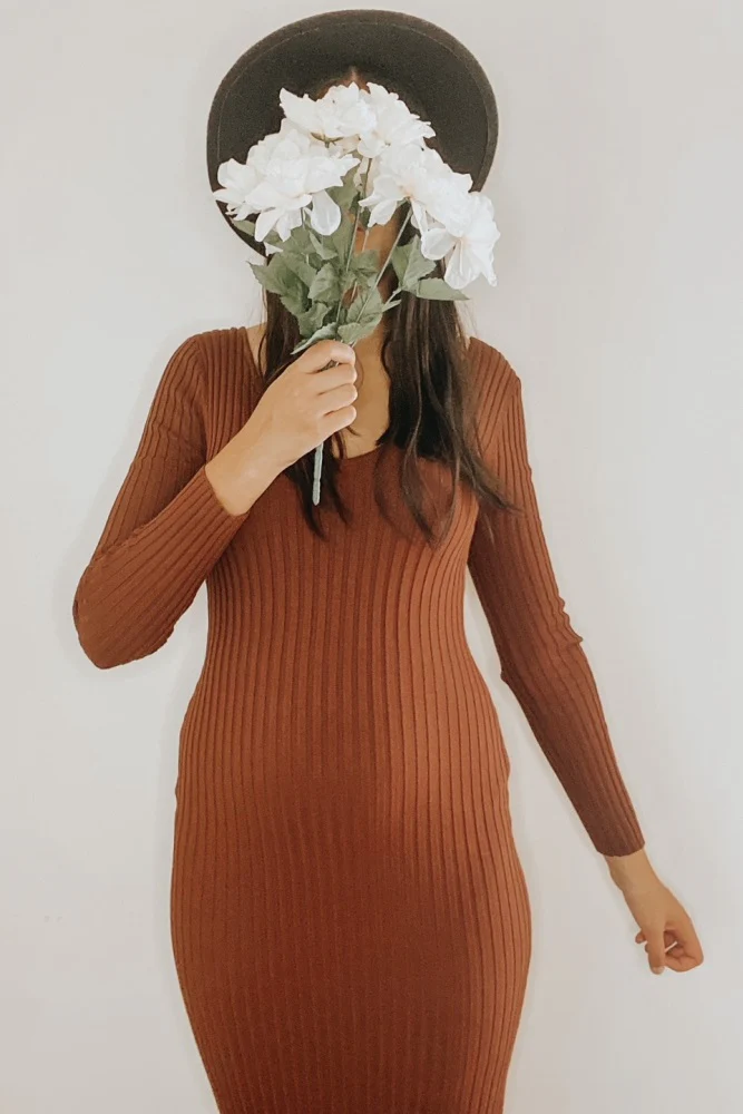 Mocha V-Neck Long Sleeve Fitted Maternity Maxi Dress - Image 13