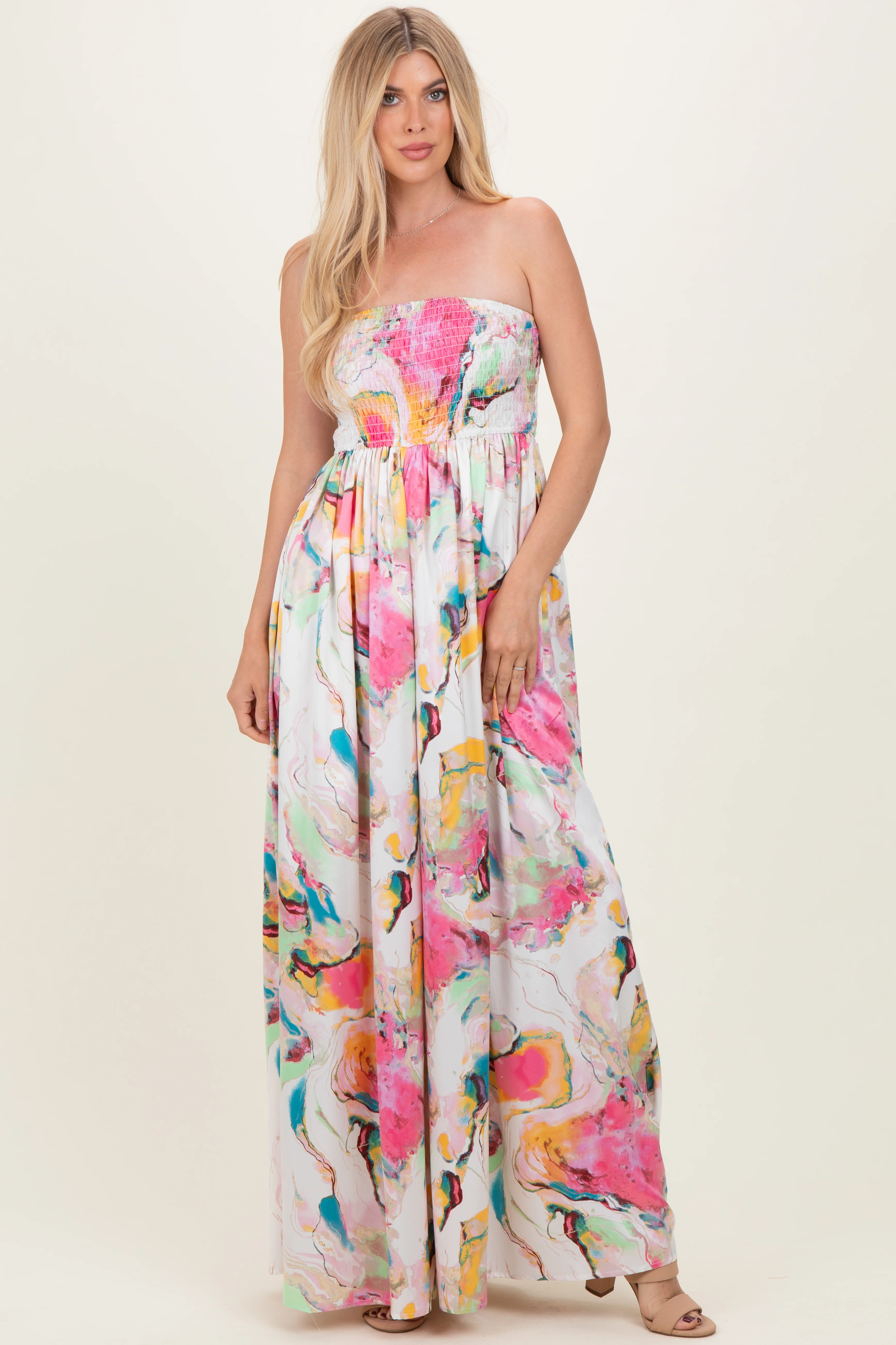 Multi Butter Satin Marble Print Smocked Tube Wide Leg Maternity Jumpsuit - Image 4