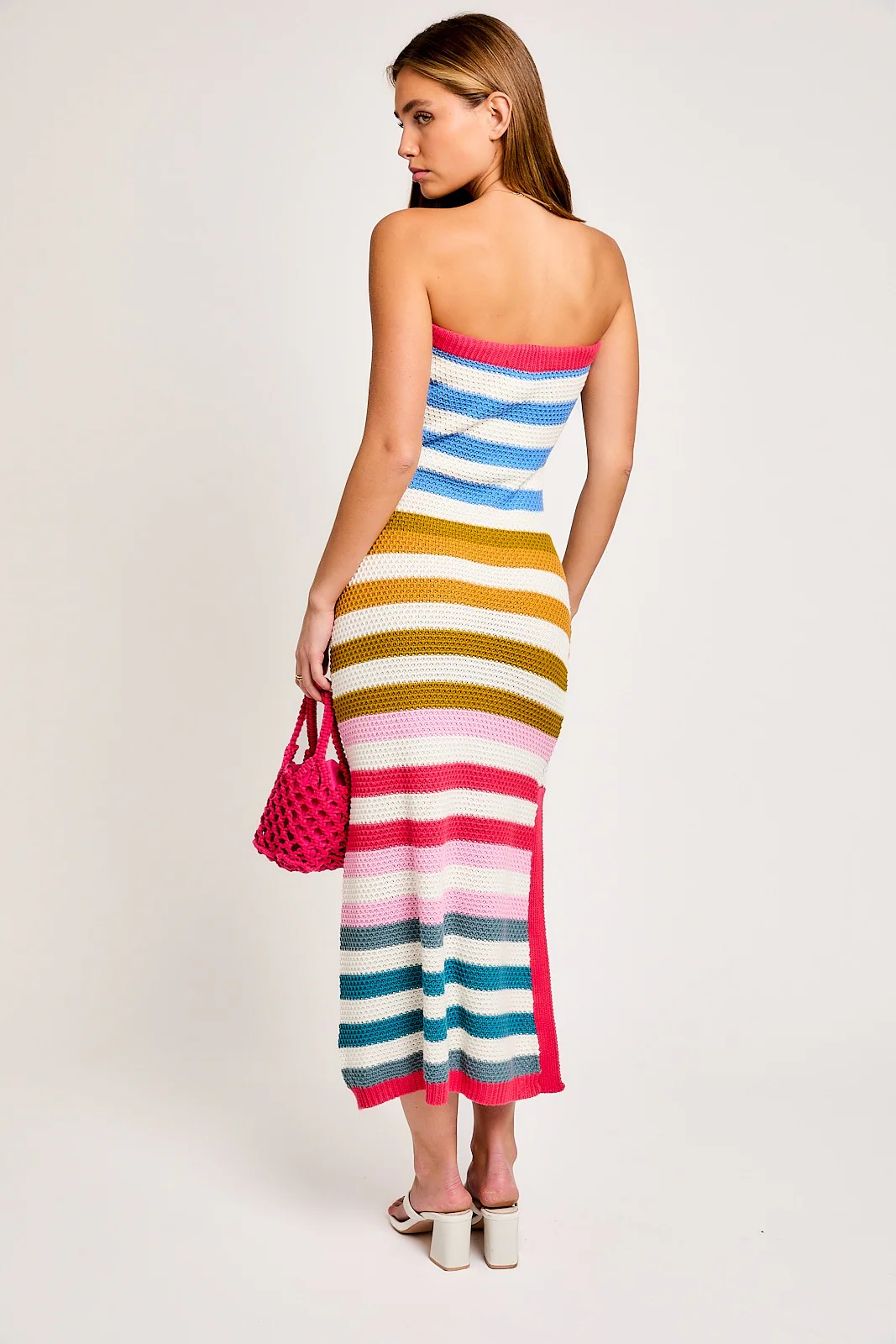 Multi Stripe Strapless Knit Fitted Midi Dress - Image 3