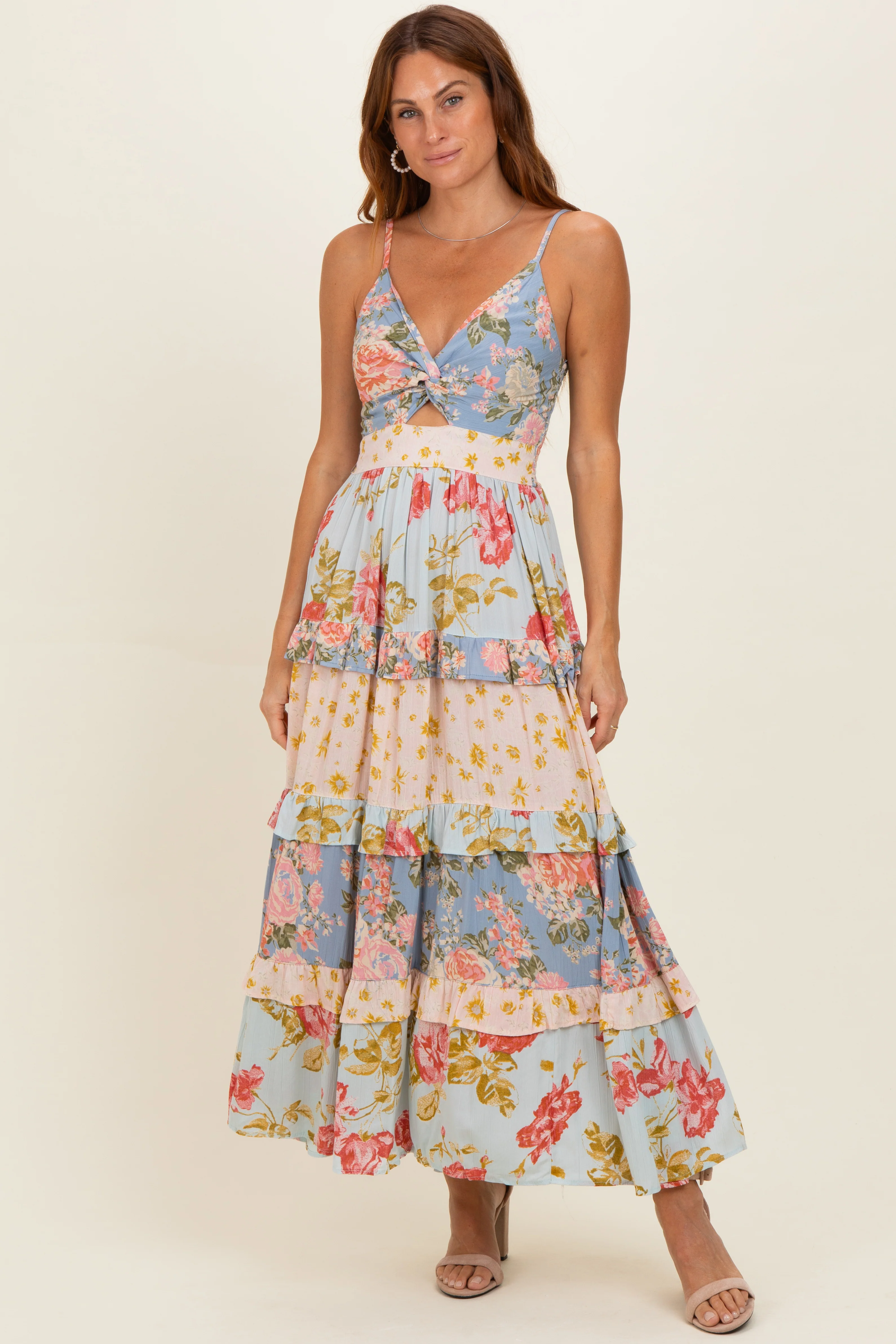 Multi V Neck Twist Front Tiered Maternity Maxi Dress - Image 4