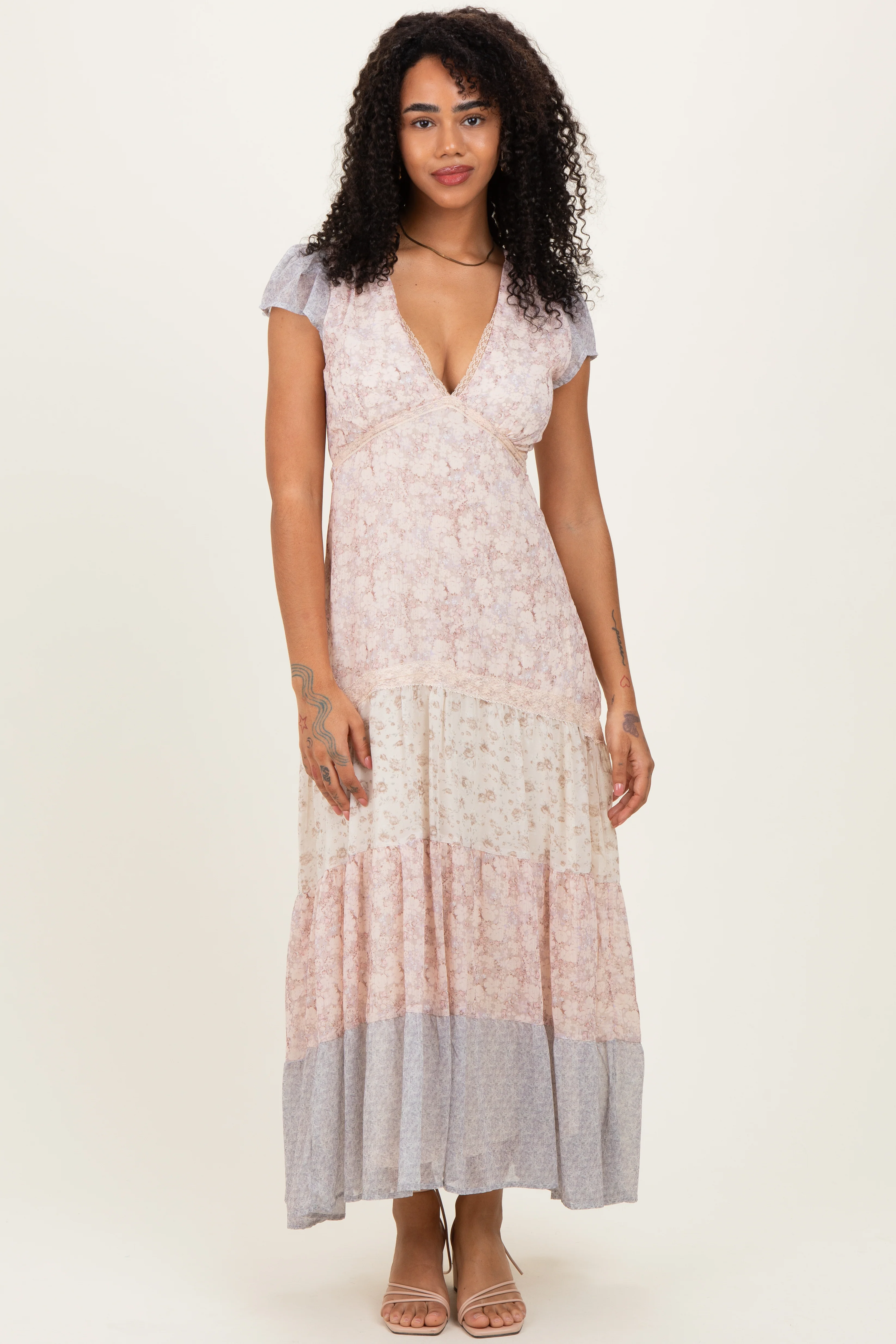 Multicolor Floral Colorblock Tiered Maxi Dress - Image 2