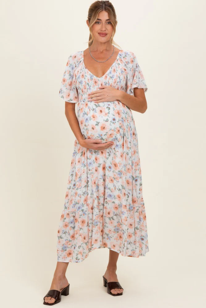 Multicolor Floral Smocked Flutter Sleeve Maternity Maxi Dress