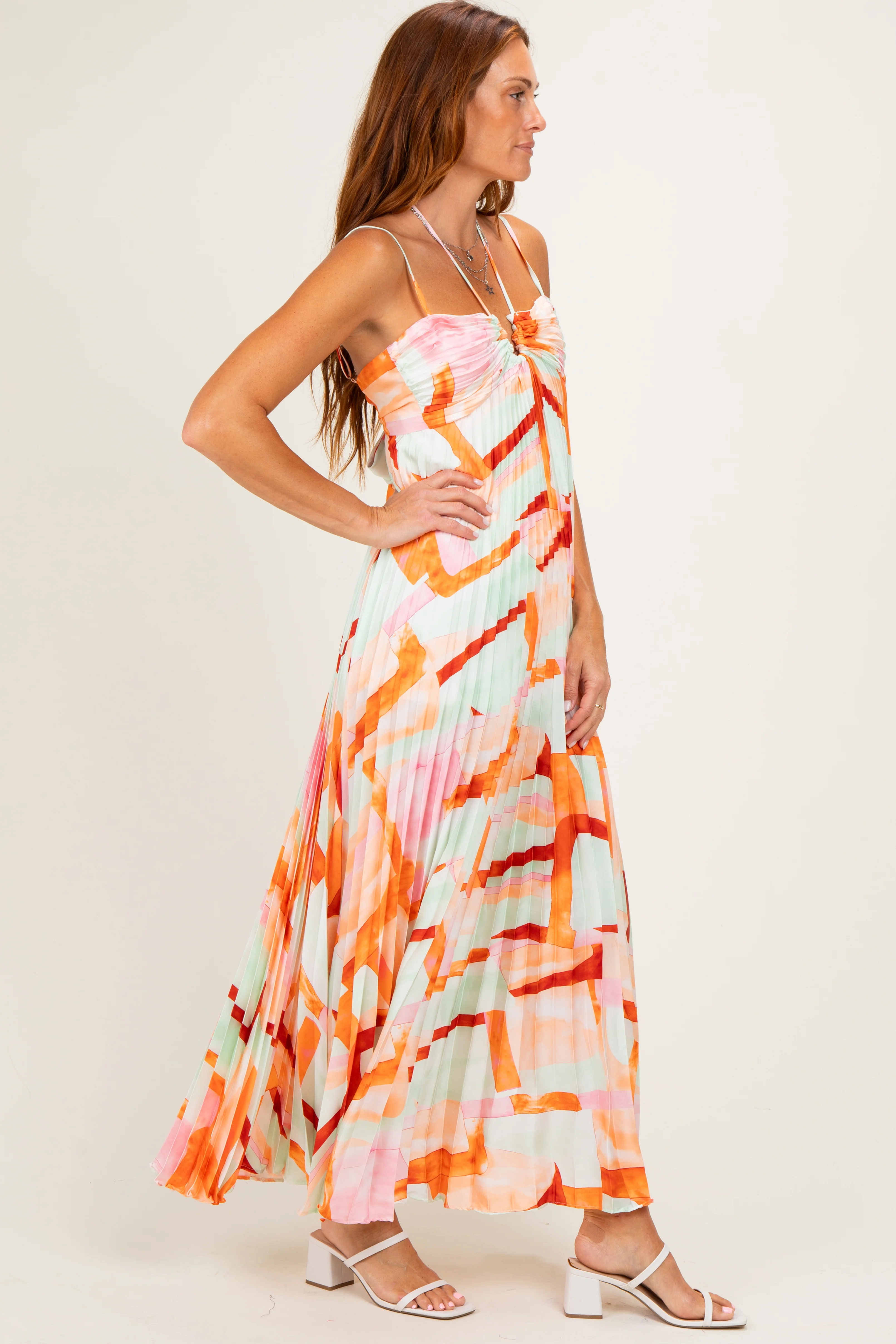 Multicolor Pleated Halter Cutout Maxi Dress - Image 2