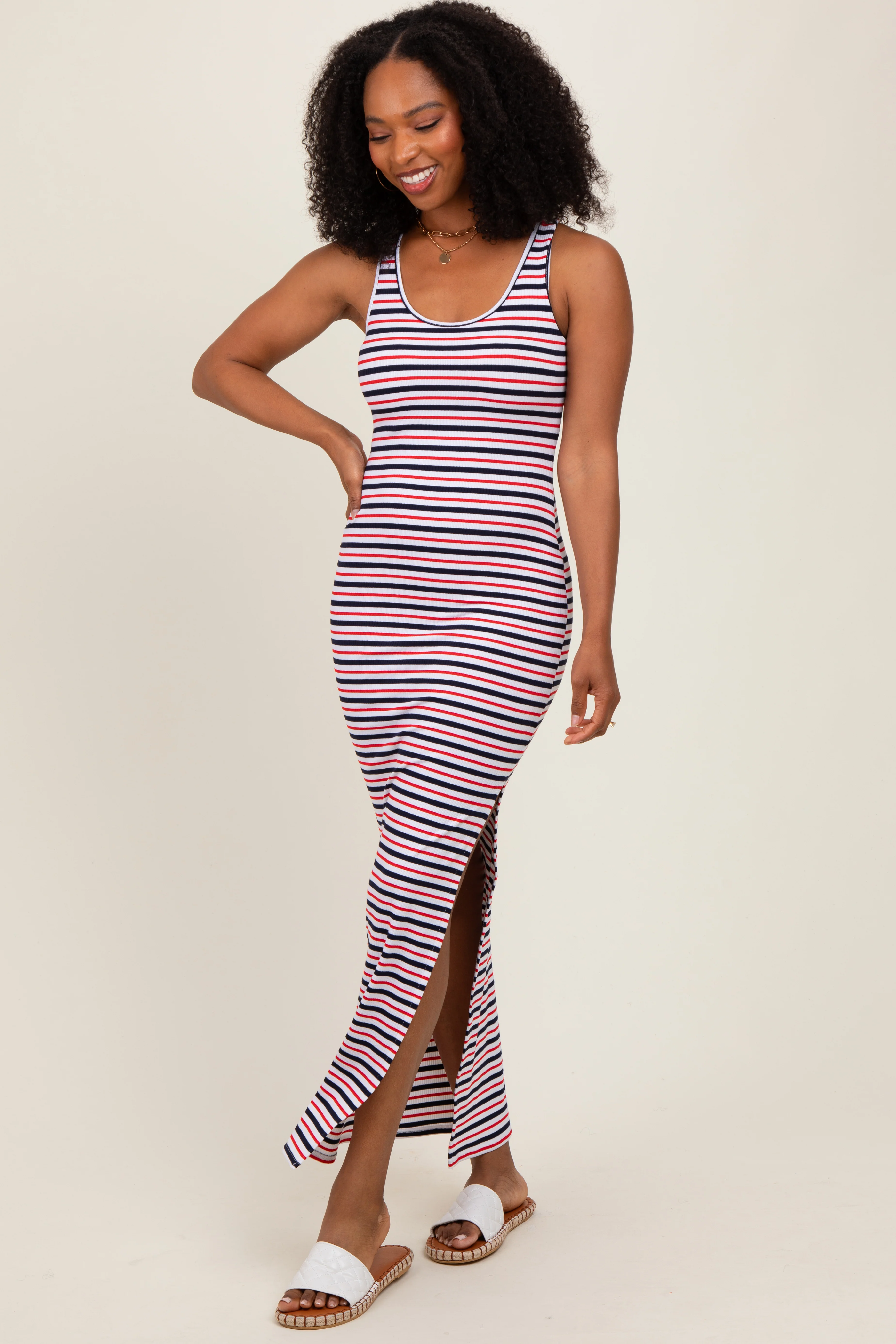 Multicolor Striped Side Slit Maxi Dress - Image 2