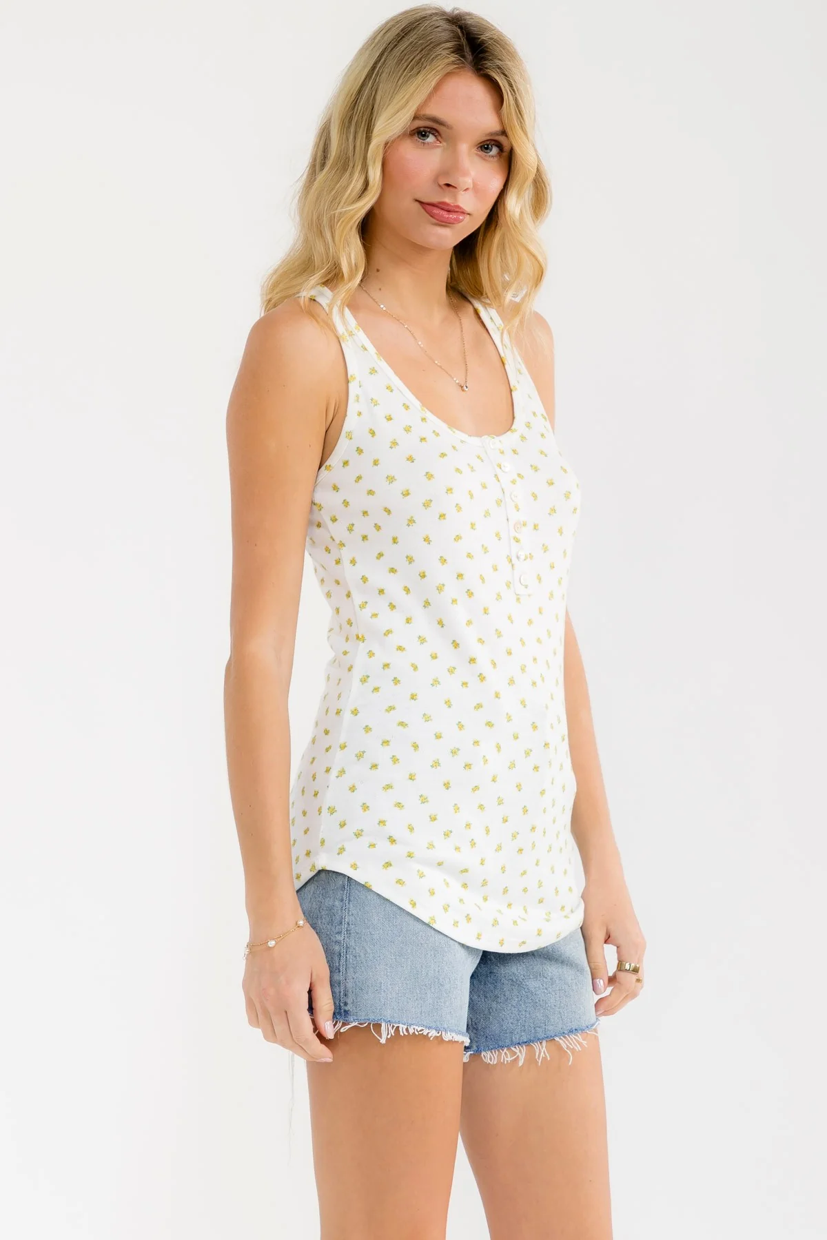 Mustard Floral Pointelle Knit Button Tank Top - Image 4