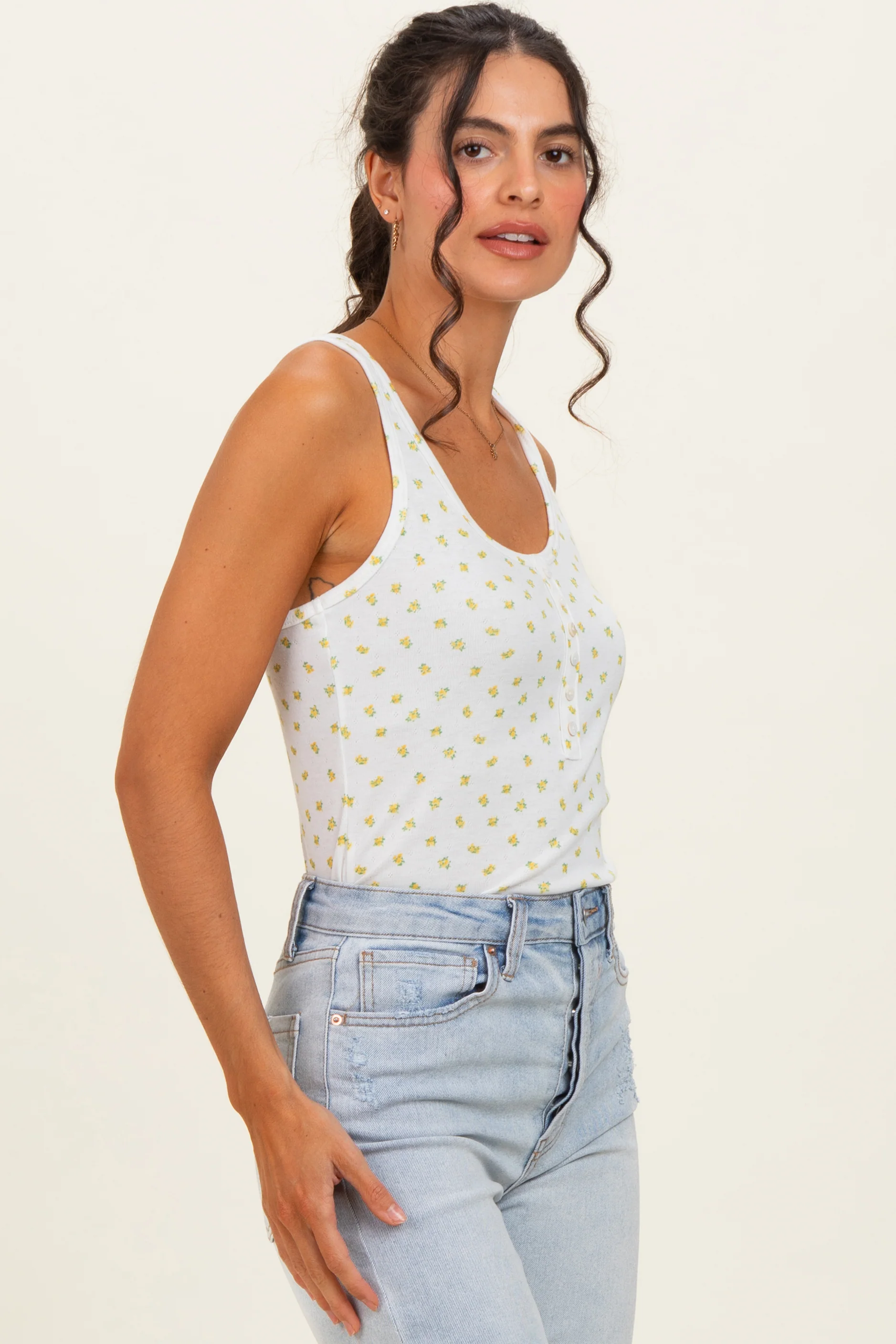 Mustard Floral Pointelle Knit Button Tank Top - Image 8