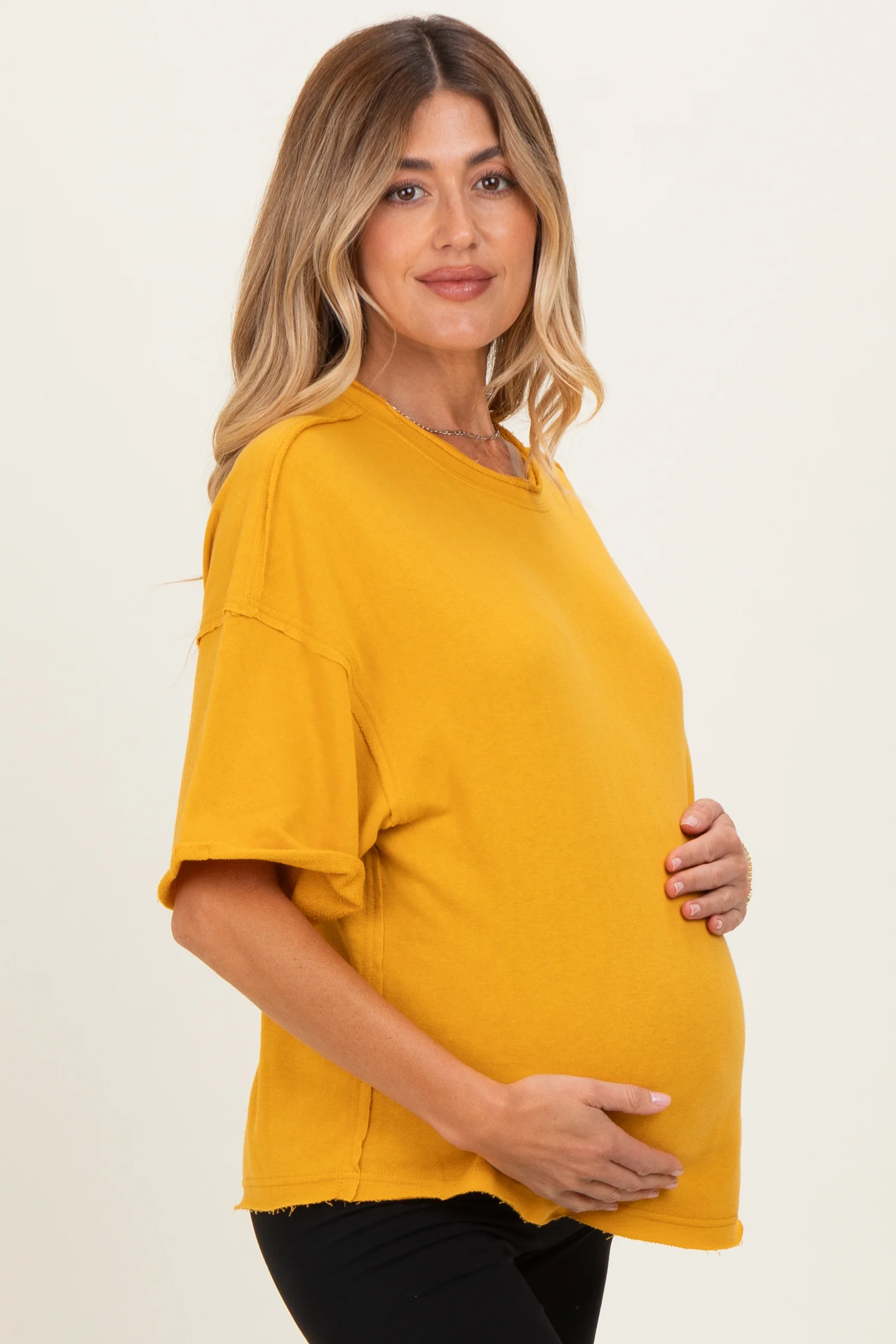 Mustard Raw Cut Edge Maternity Boxy Tee - Image 3