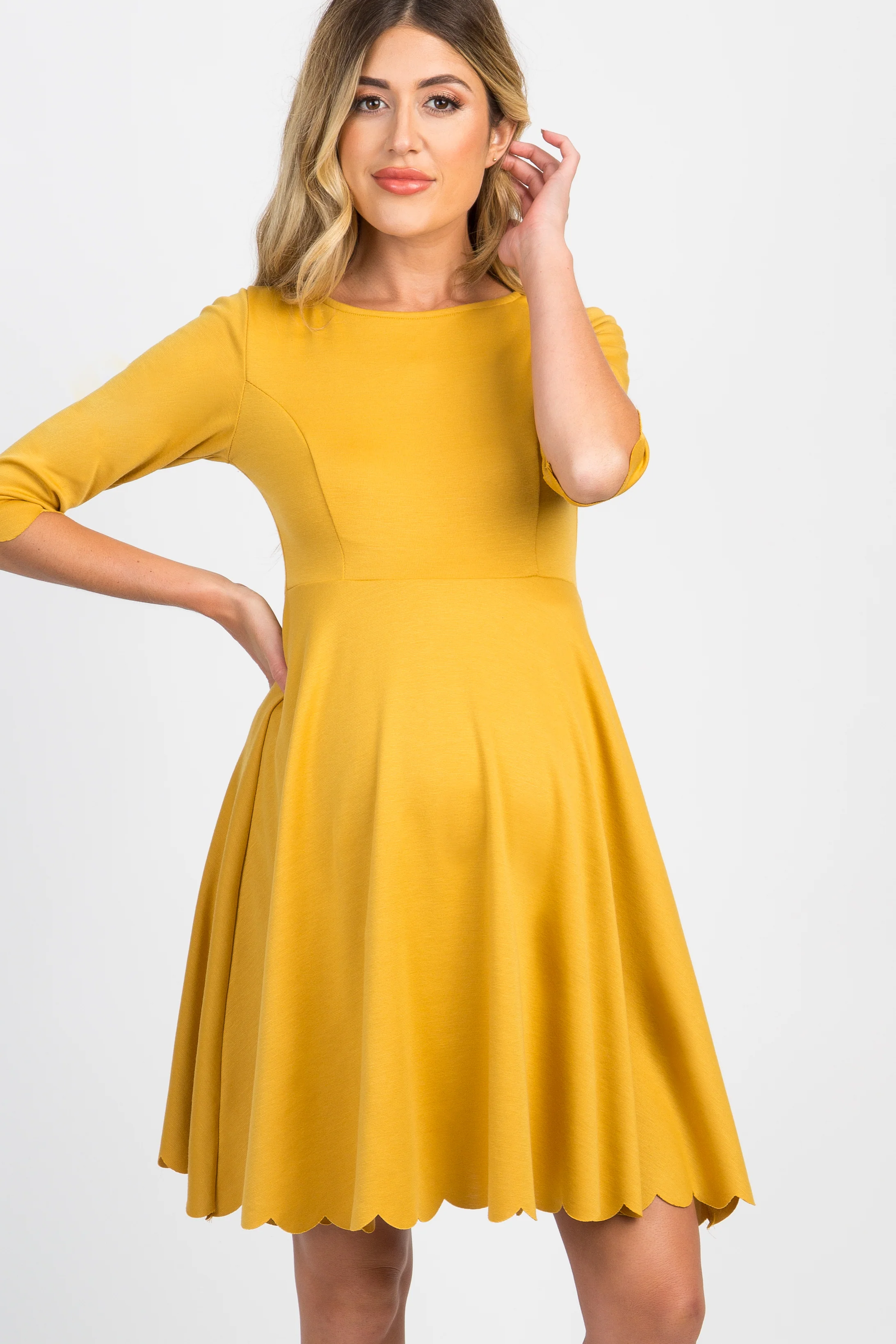 Mustard Solid Scalloped Hem Maternity Dress - Image 3