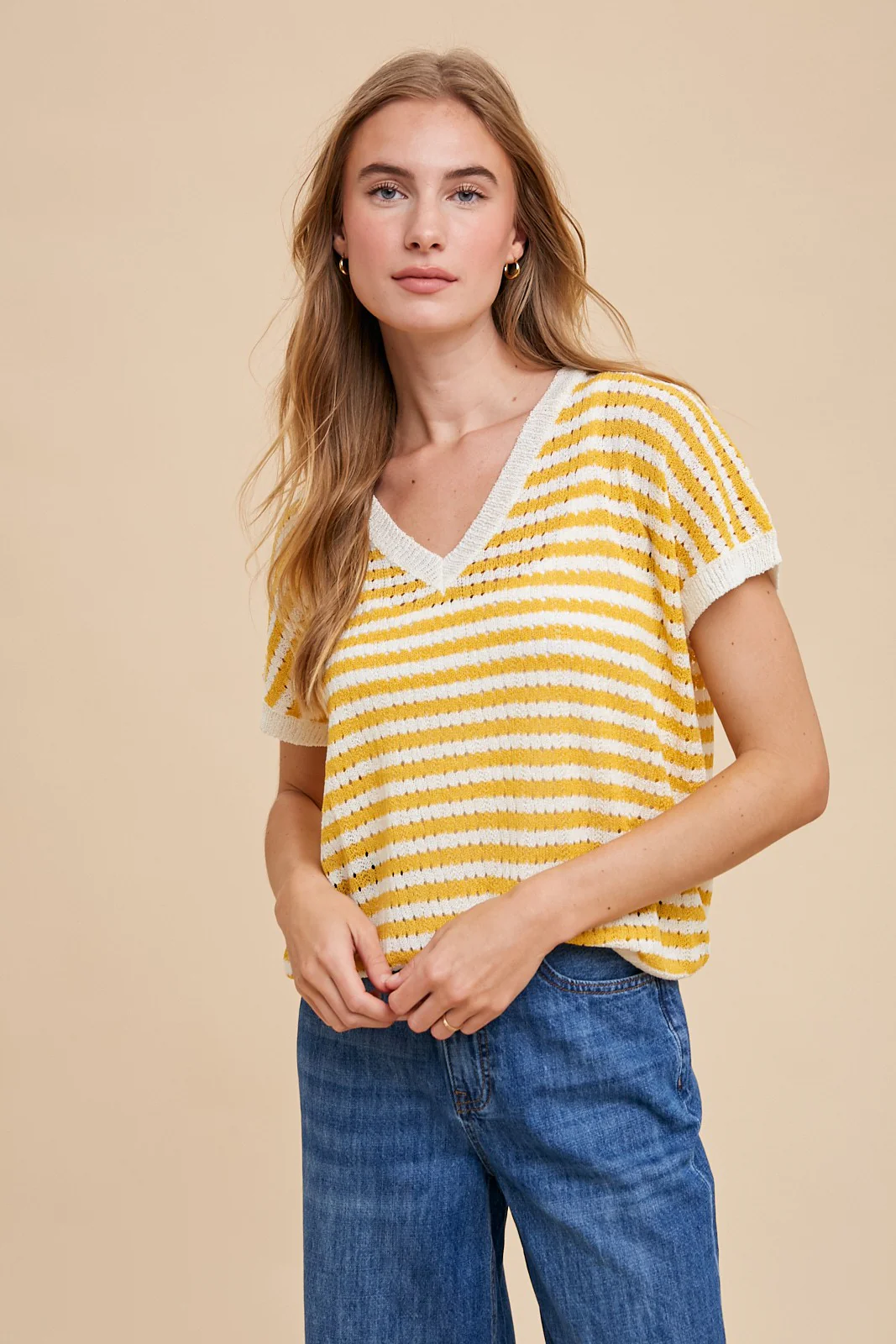Mustard Striped Knit V-Neck Short Sleeve Top - Image 5