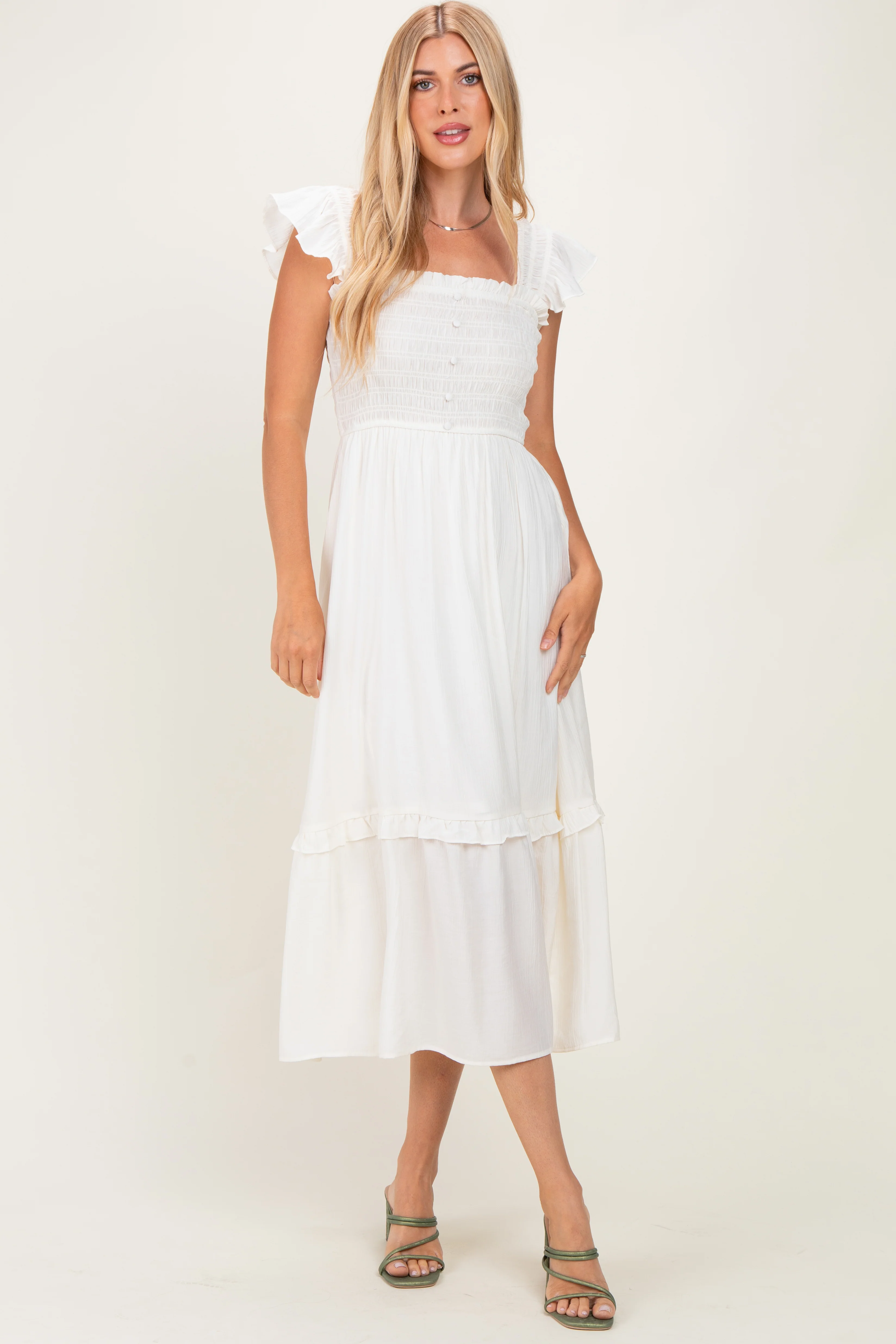 Natural Button Accent Smocked Ruffle Maternity Midi Dress - Image 4