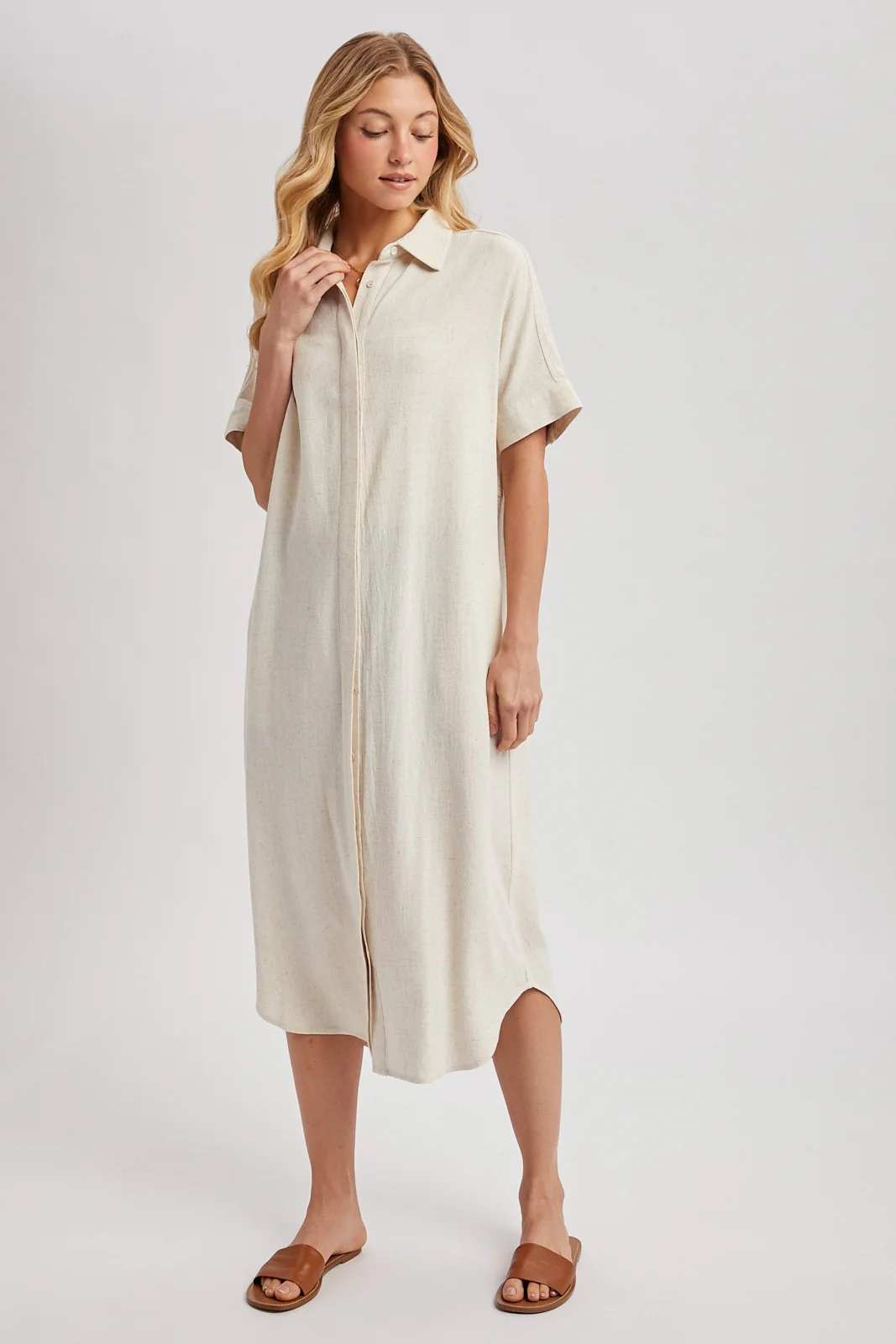 Natural Button Down Midi Shirt Dress - Image 3