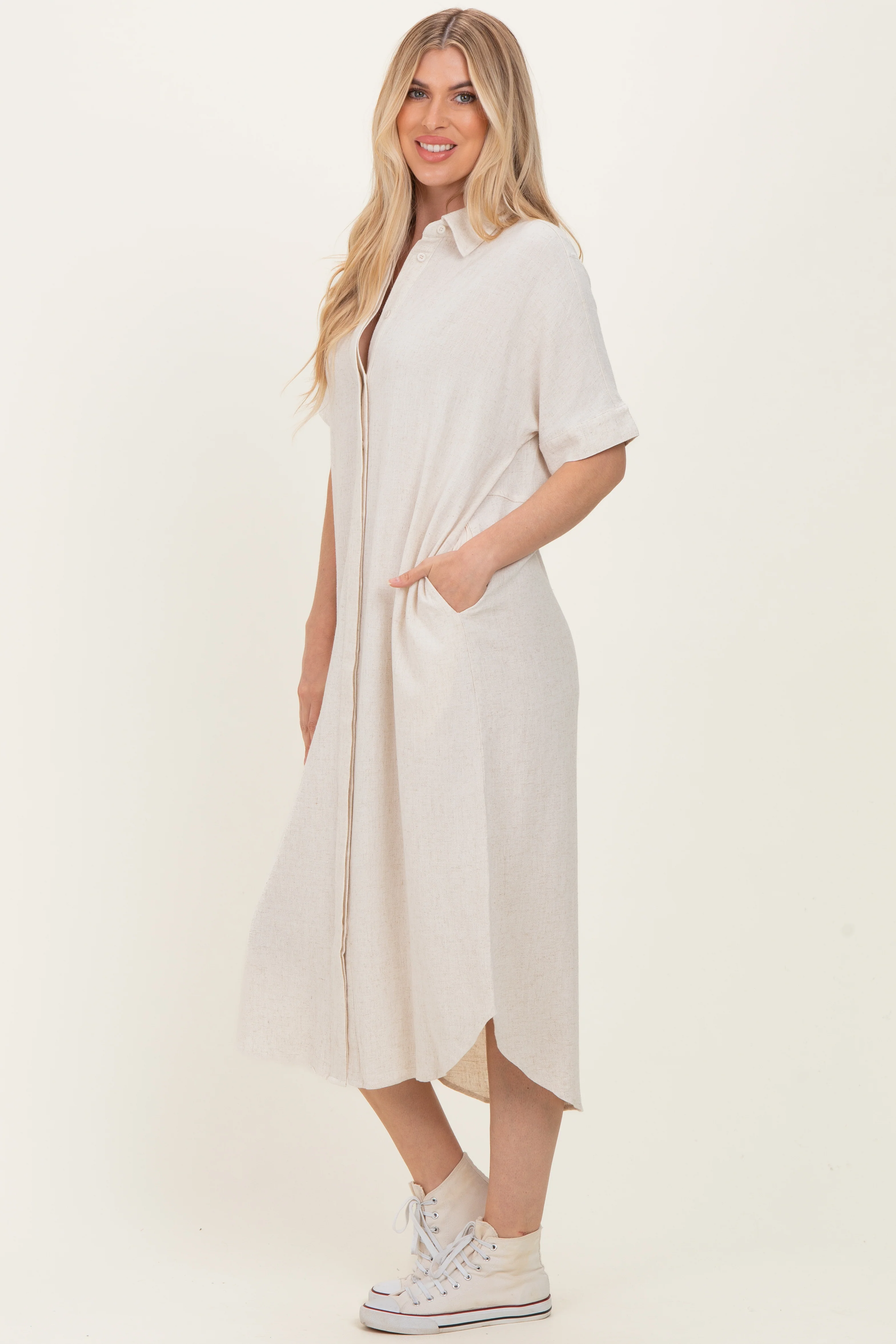 Natural Button Down Midi Shirt Dress - Image 7