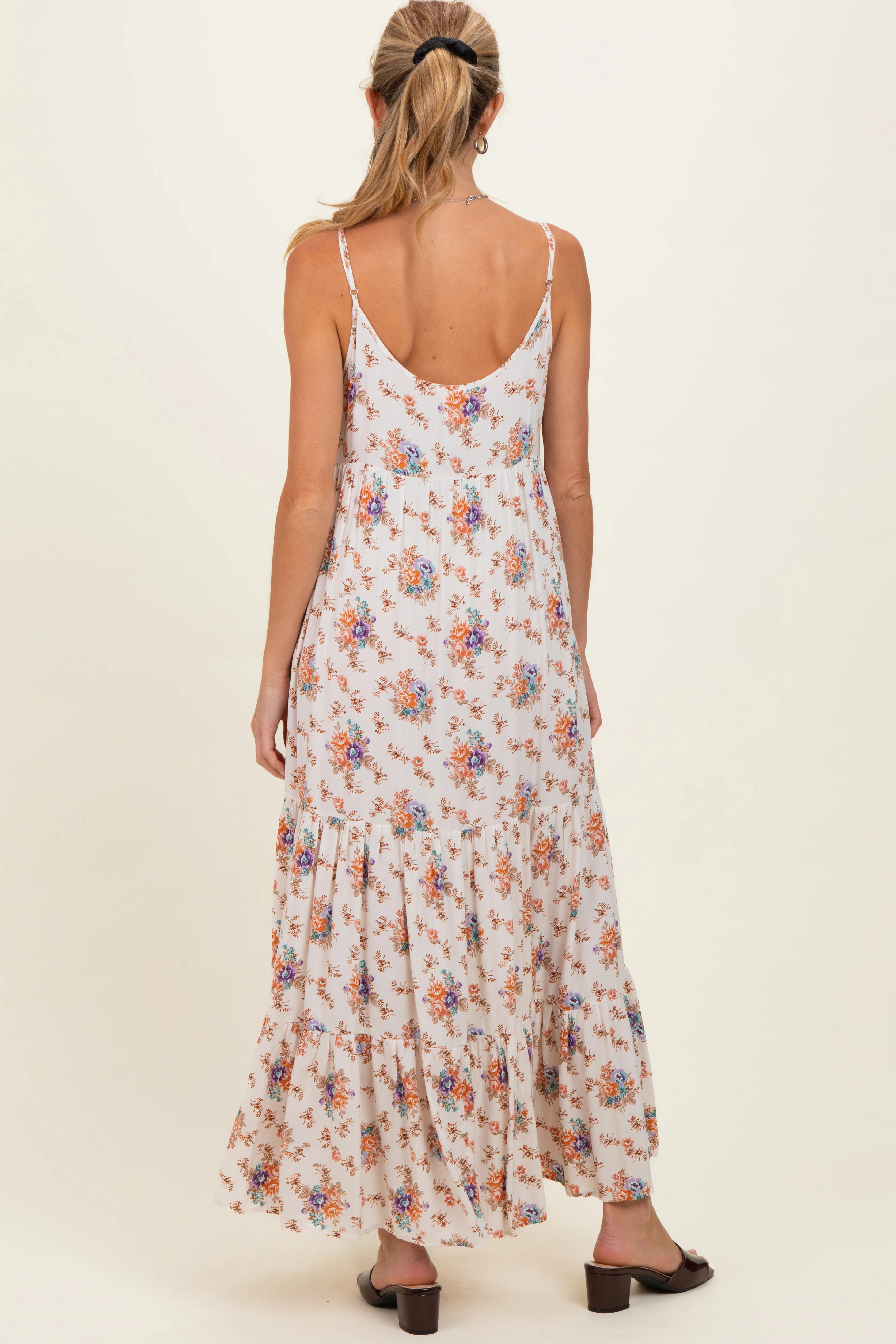 Natural Floral Tiered Button Up Maternity Maxi Dress - Image 3