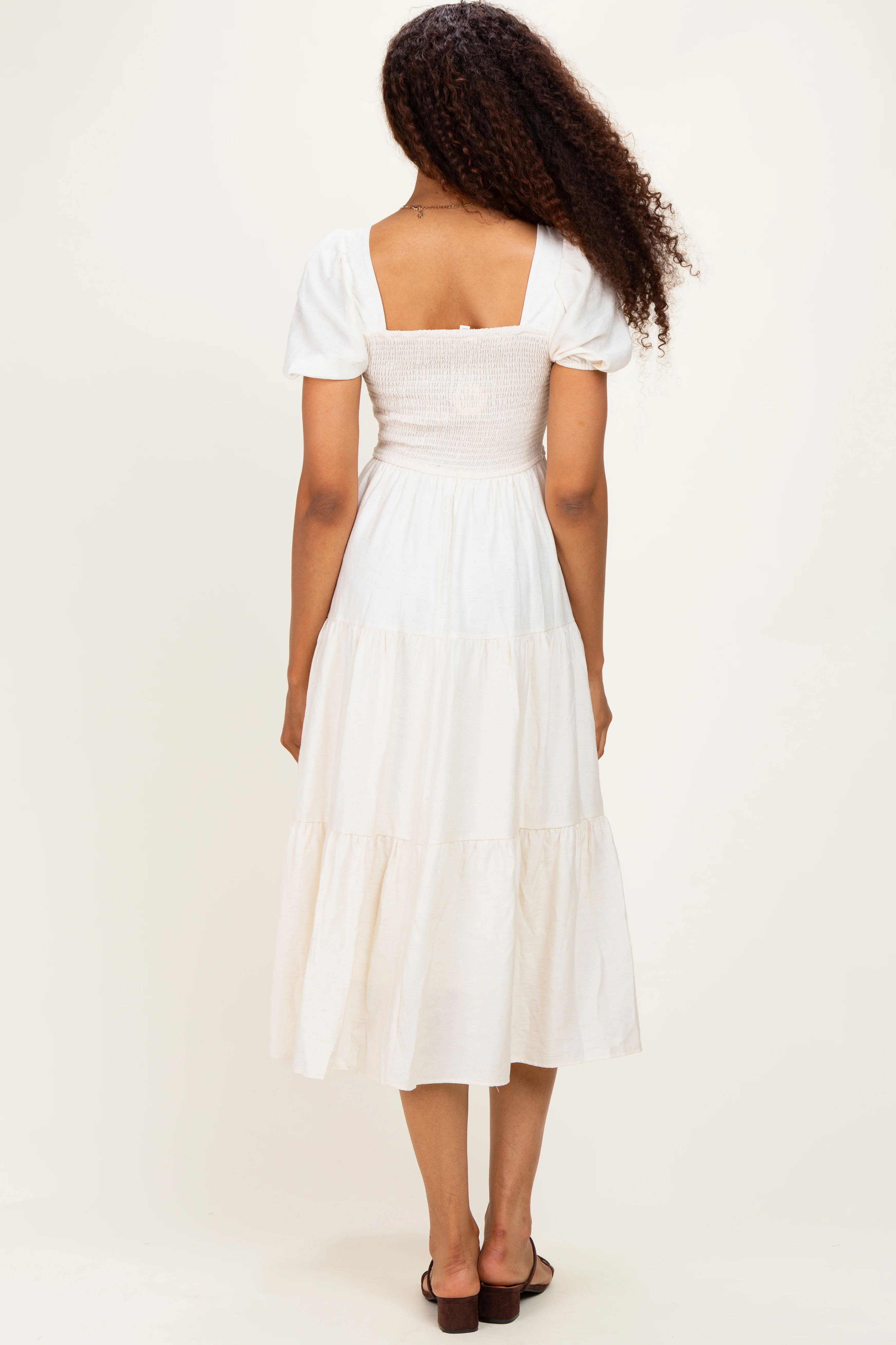 Natural Smocked Puff Sleeve Tiered Linen Midi Dress - Image 3