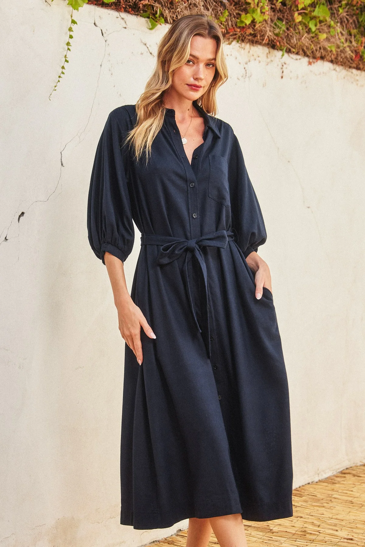 Navy 3/4 Bubble Sleeve Midi Shirt Dress - Image 4