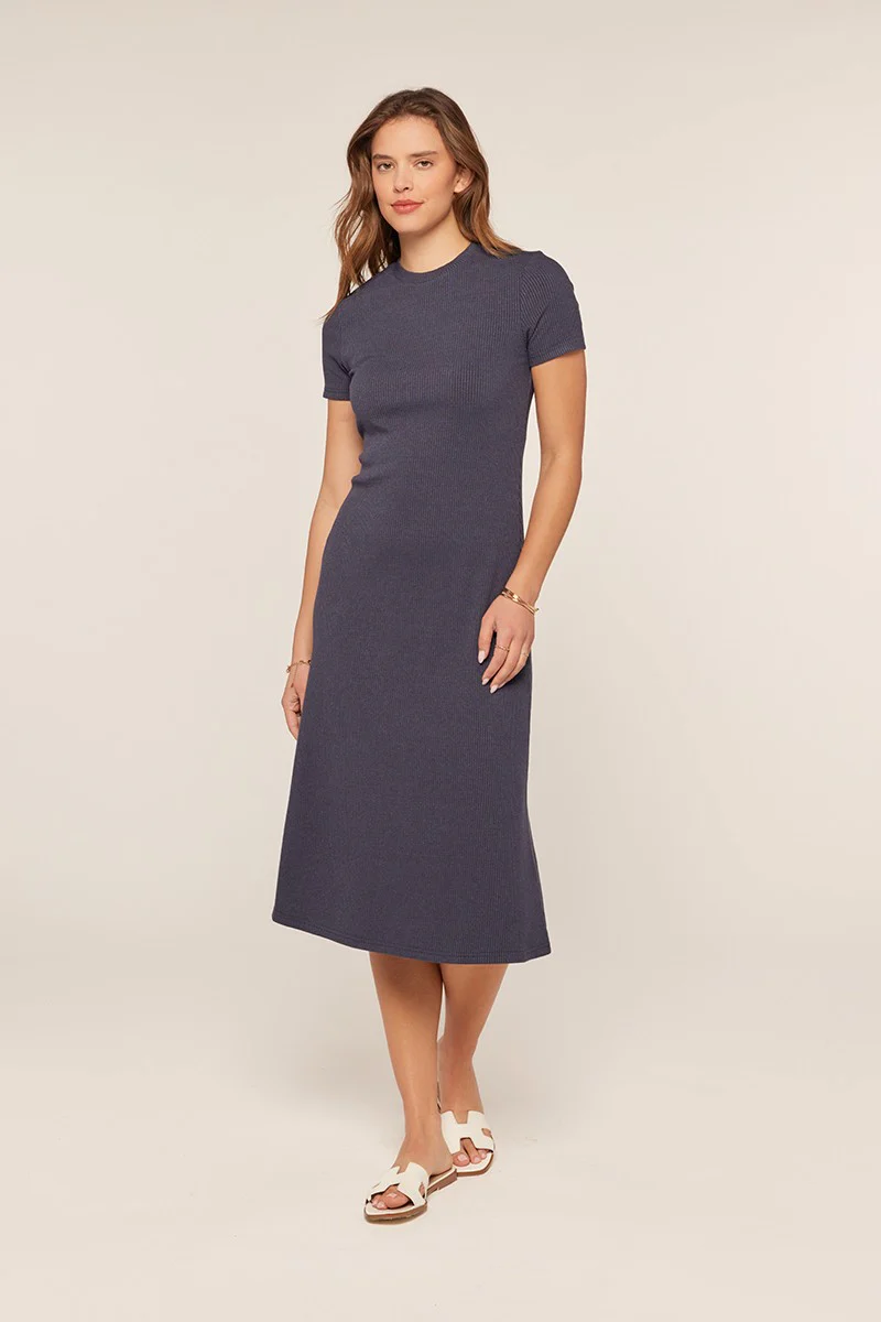 Navy Basic Ribbed Knit Maternity Midi Dress - Image 3