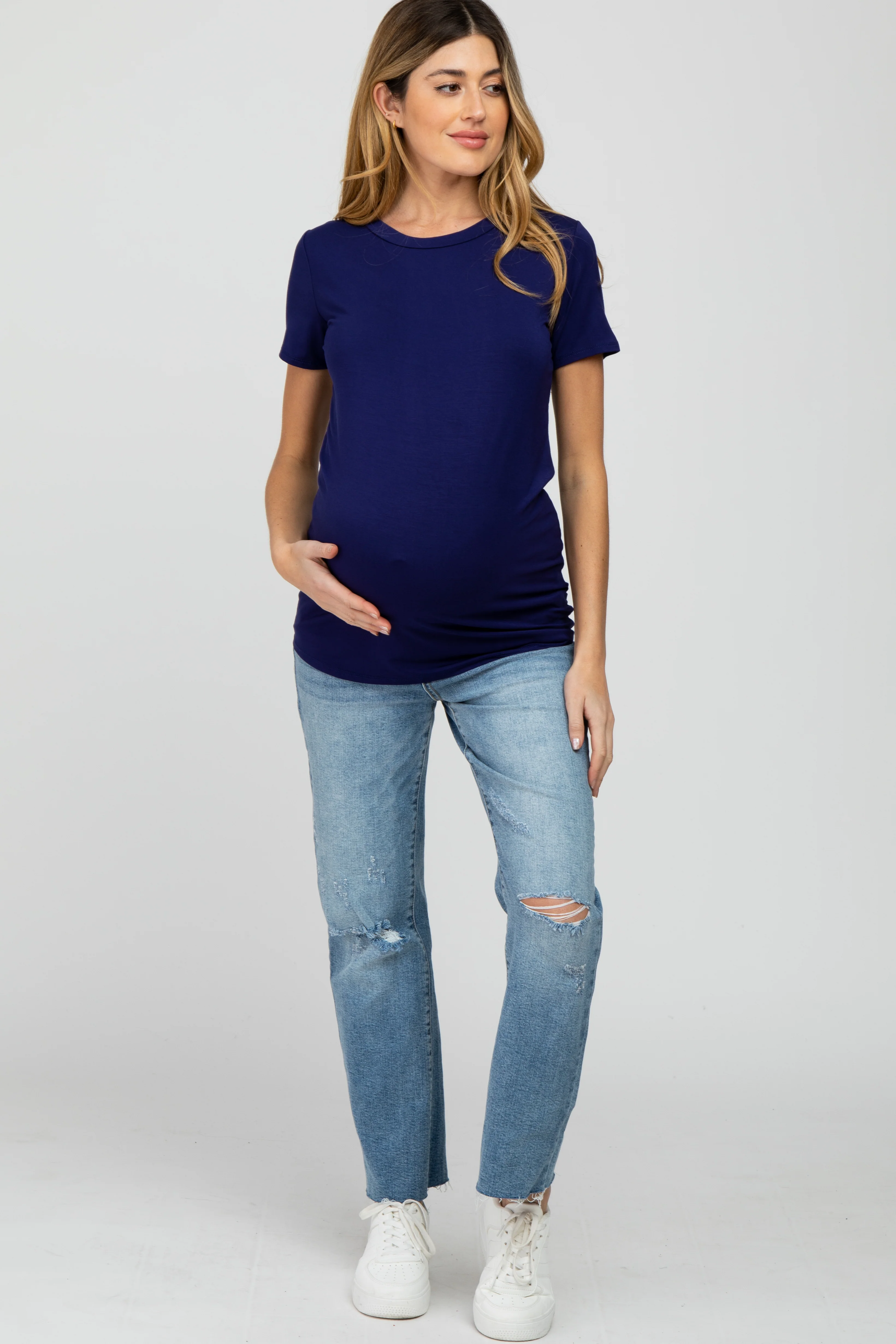 Navy Basic Short Sleeve Maternity Top - Image 4