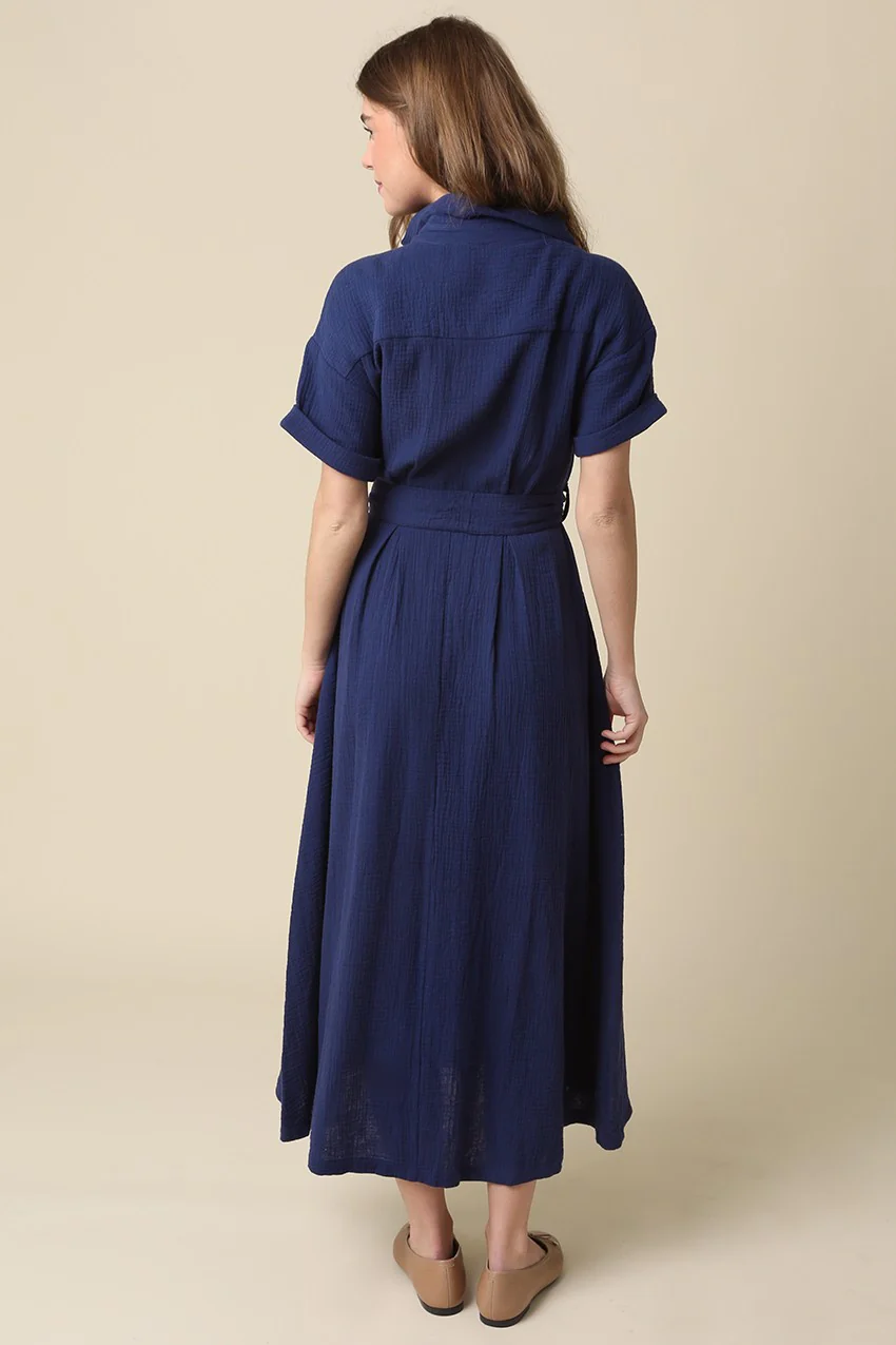 Navy Belted Maxi Shirt Dress - Image 4