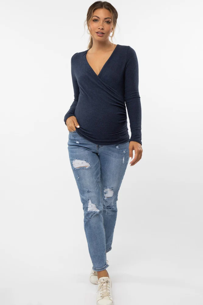 Navy Blue Brushed Knit Wrap Front Maternity Top - Image 4