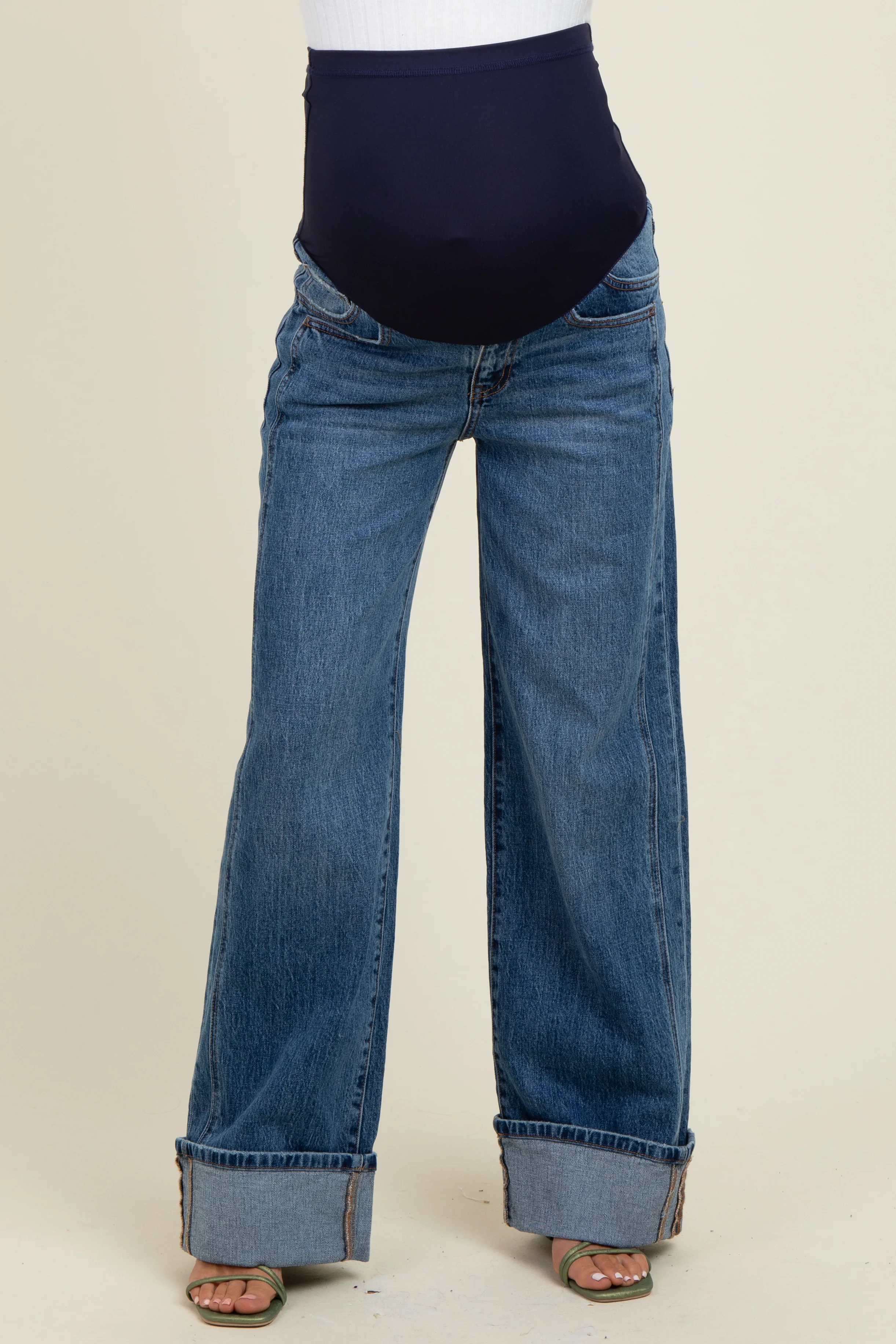 Navy Blue Cuffed Hem Baggy Wide Leg Maternity Jeans - Image 3