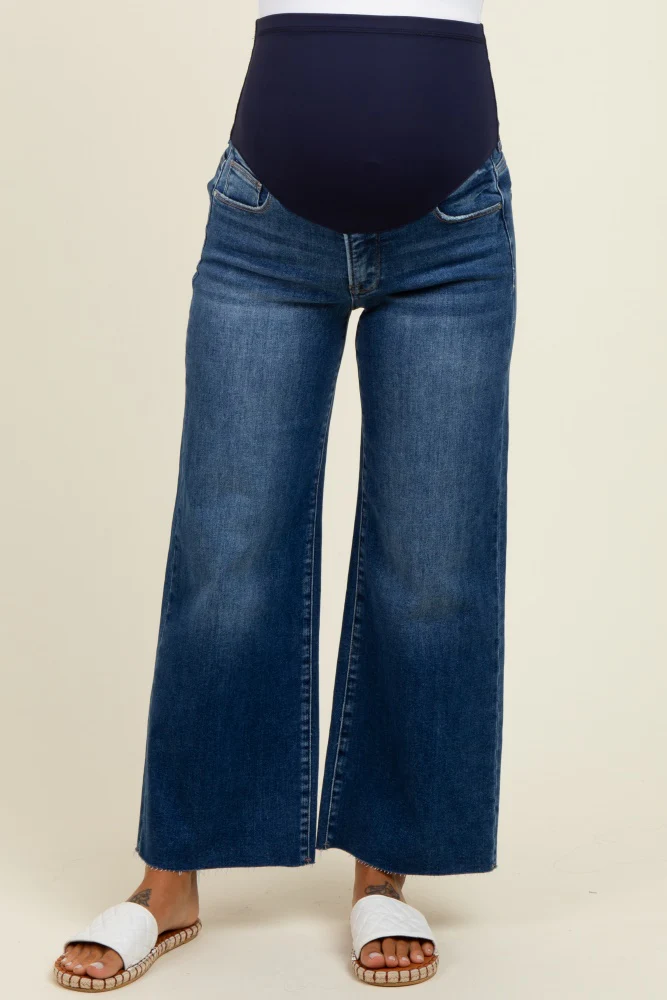 Navy Blue Cut Hem Cropped Wide Leg Maternity Jeans - Image 3
