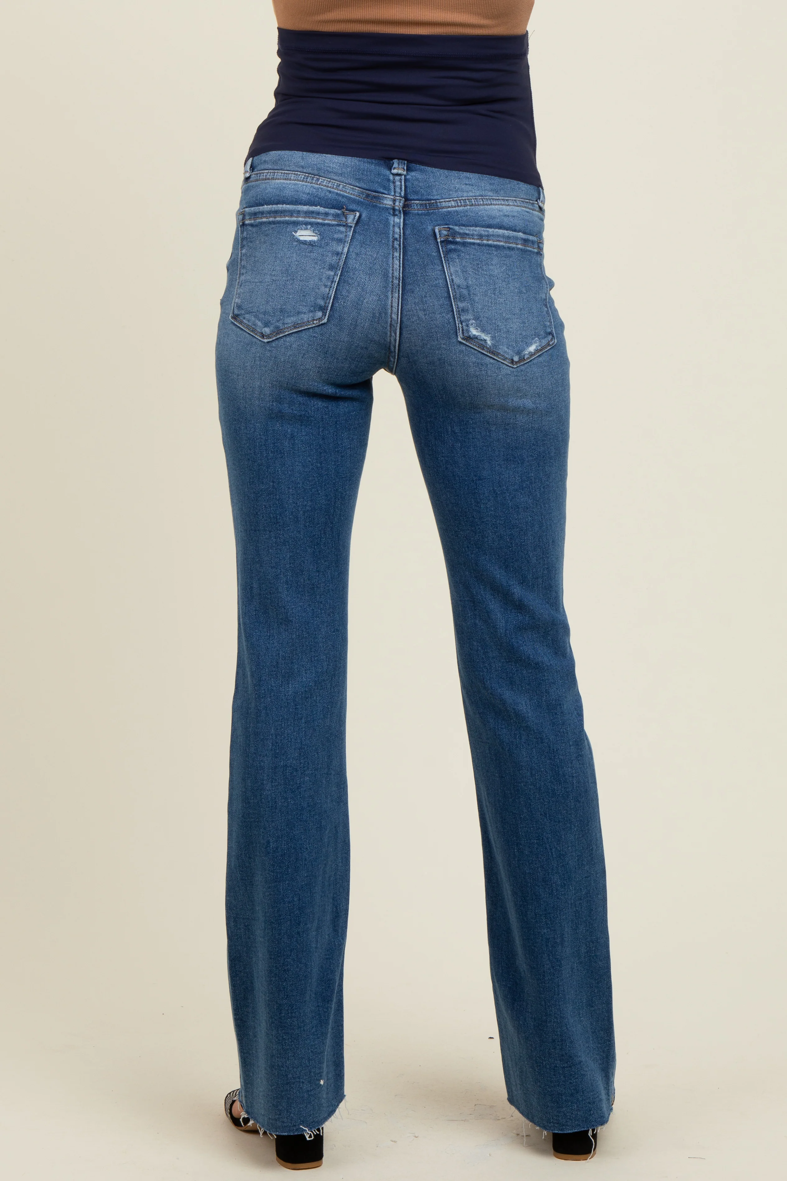 Navy Blue Distressed Raw Hem Maternity Bootcut Jeans - Image 5