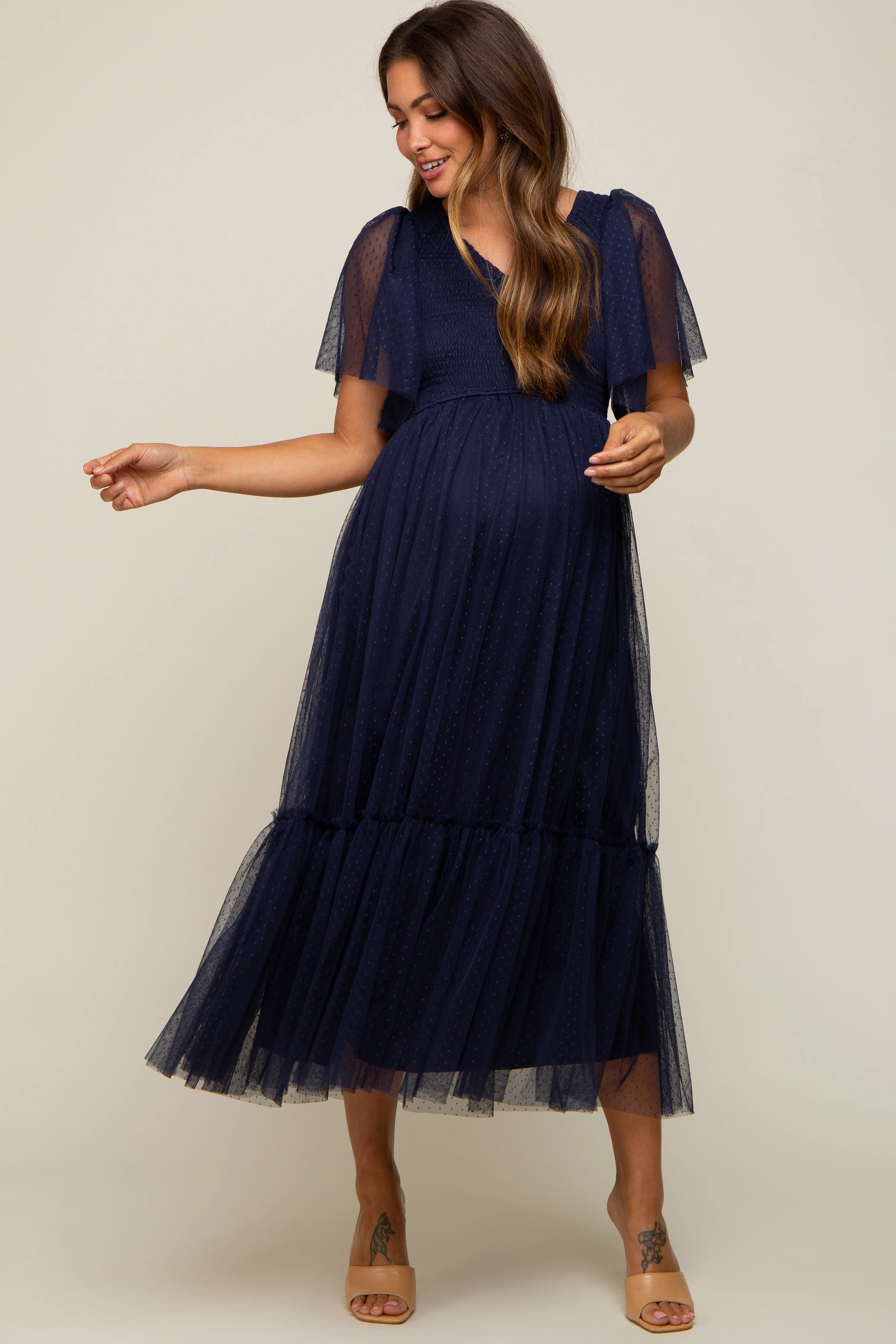 Navy Blue Dotted Tulle Smocked Maternity Midi Dress - Image 5