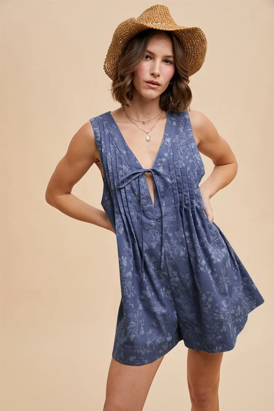 Navy Blue Floral Chambray Pleat Front Maternity Romper - Image 3