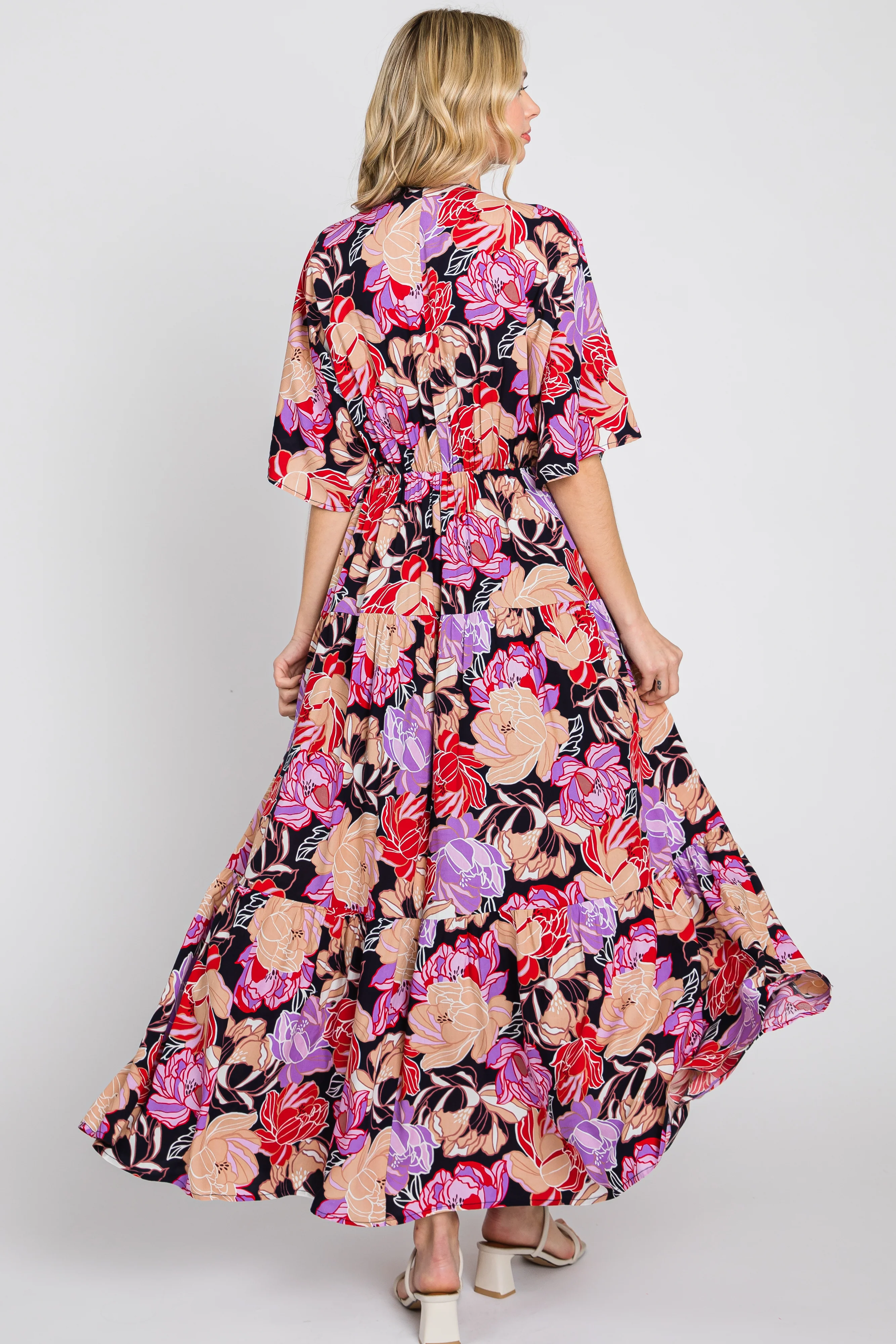 Navy Blue Floral Deep V-Neck Tiered Maxi Dress - Image 3