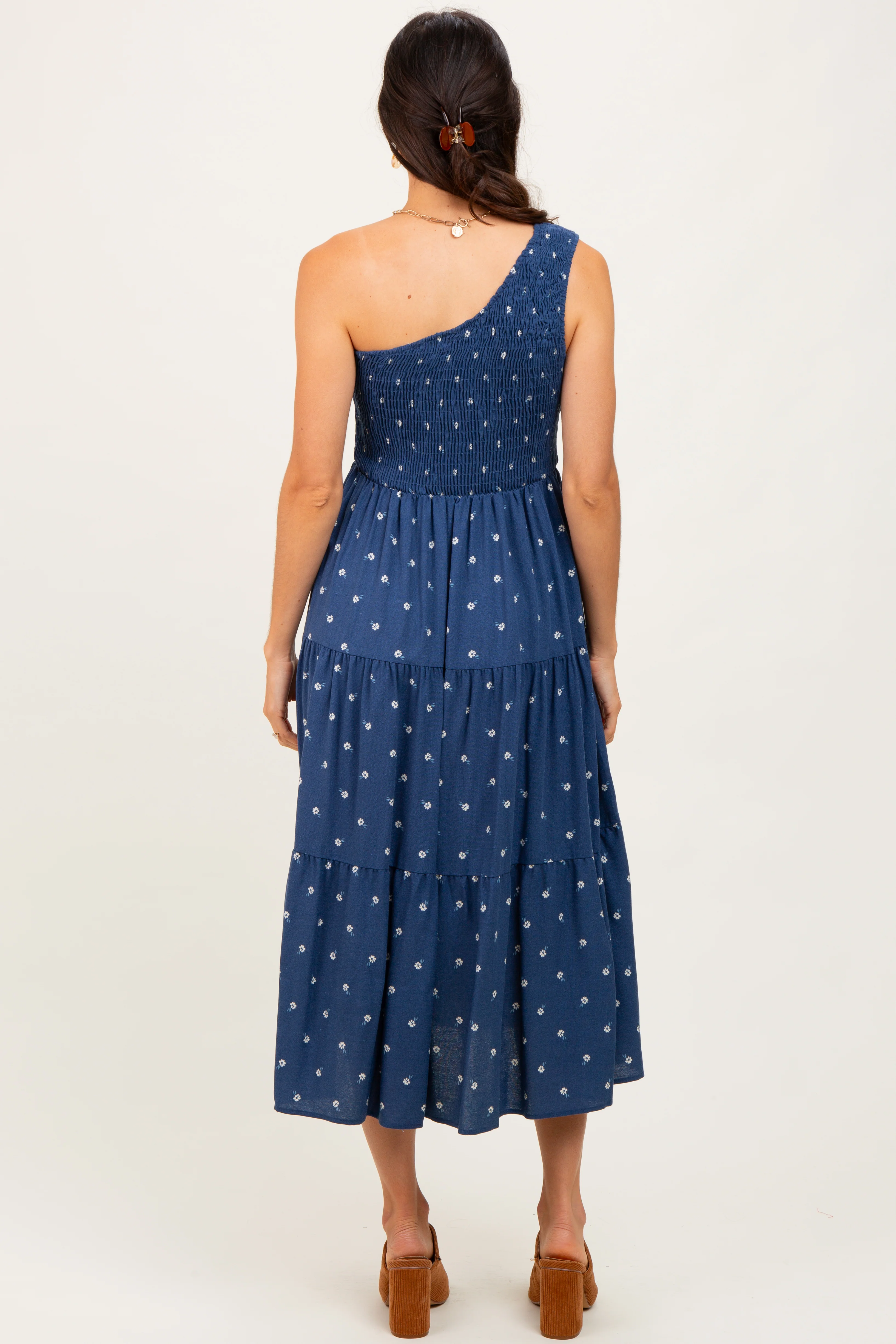 Navy Blue Floral Linen Smocked One Shoulder Tiered Midi Dress - Image 4