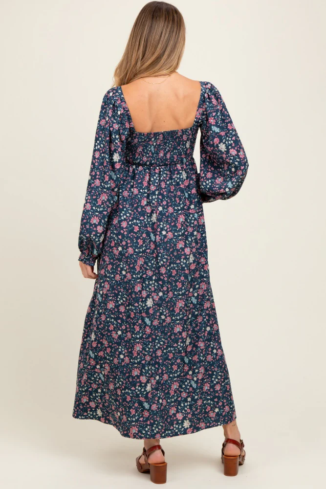 Navy Blue Floral Pleated Bust Long Sleeve Maternity Maxi Dress - Image 3