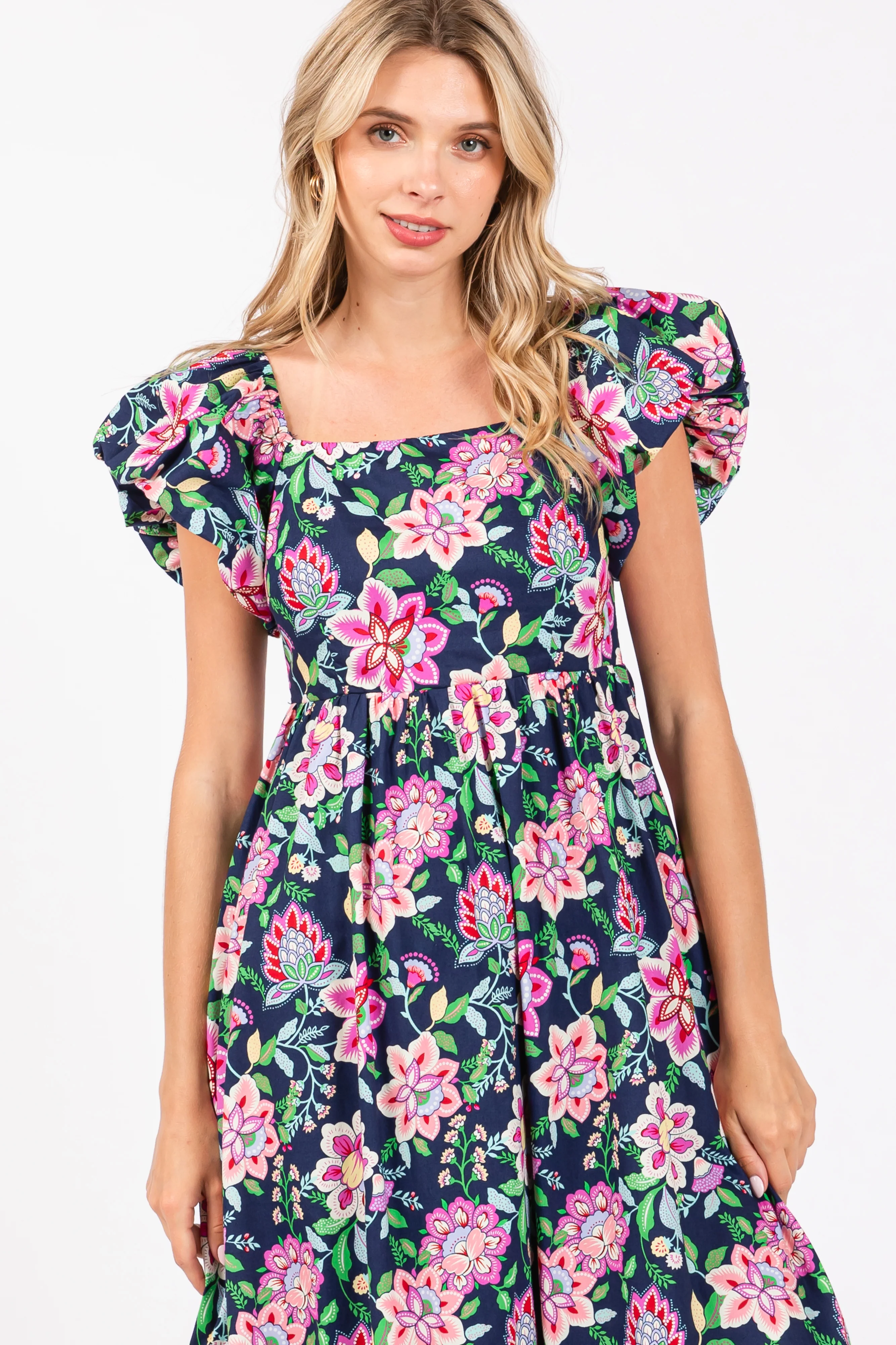 Navy Blue Floral Square Neck Puffy Sleeves Dress - Image 4