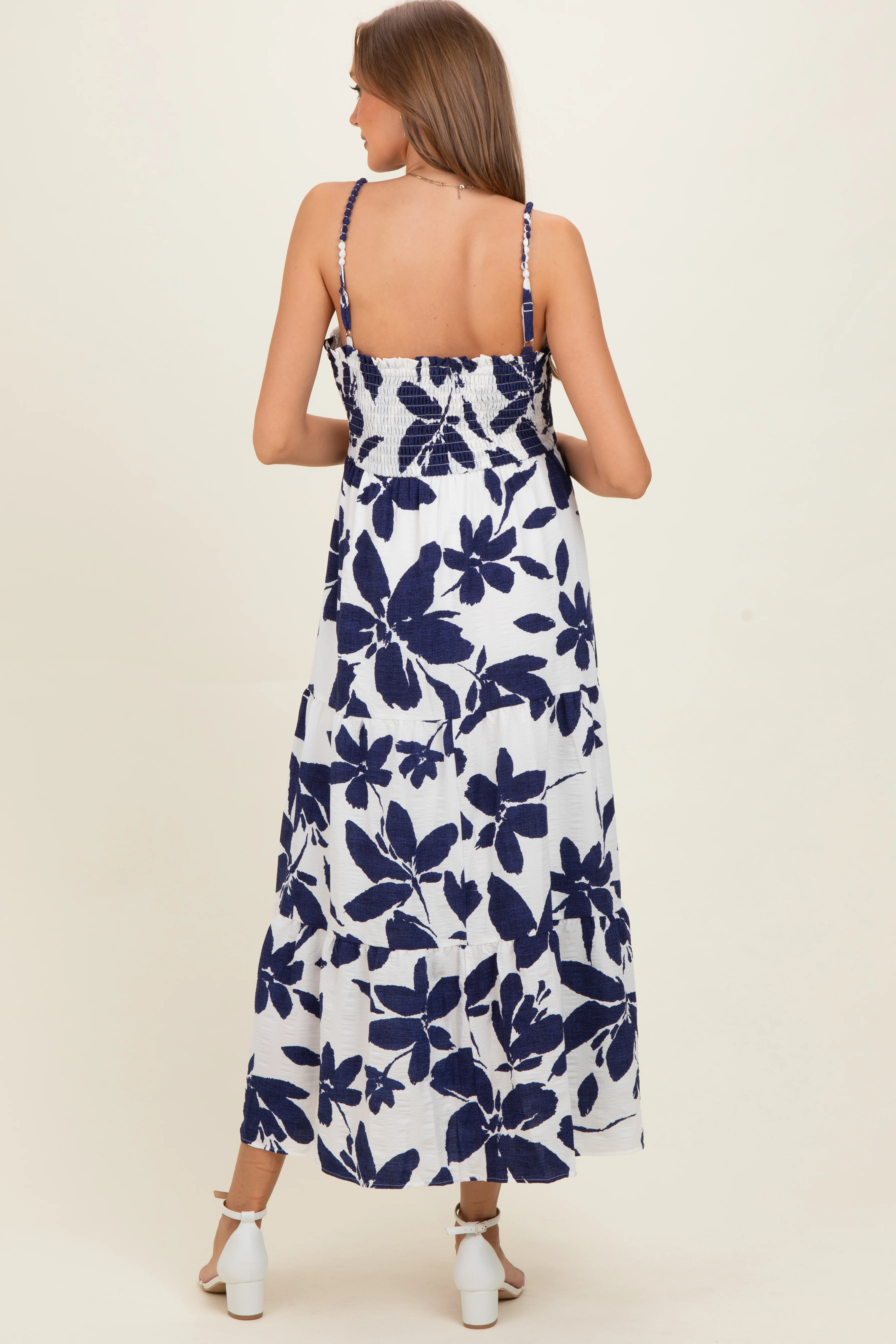 Navy Blue Floral Tiered Maternity Midi Dress - Image 3