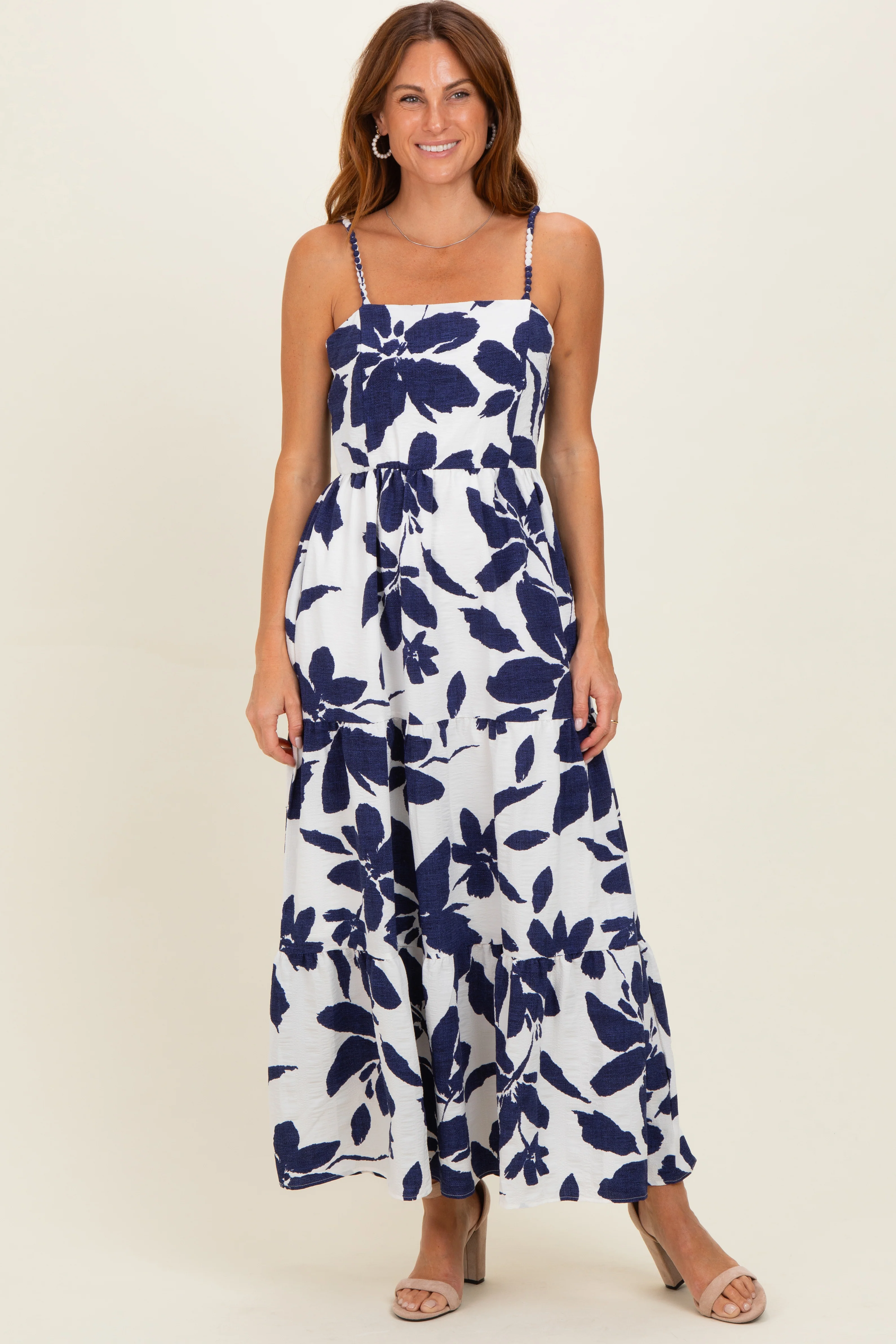Navy Blue Floral Tiered Maternity Midi Dress - Image 4