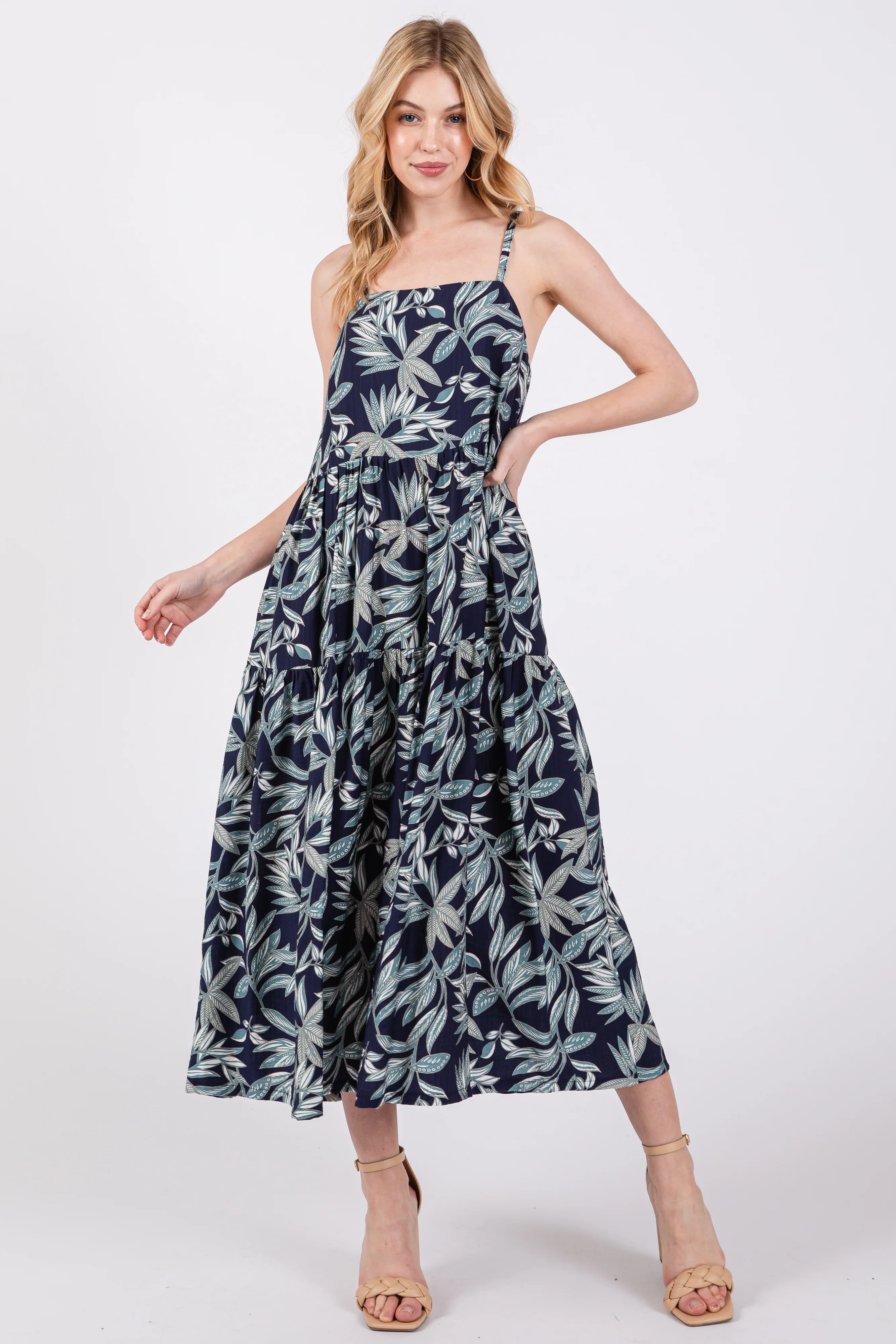 Navy Blue Leaf Print Square Neck Tiered Maternity Midi Dress - Image 6