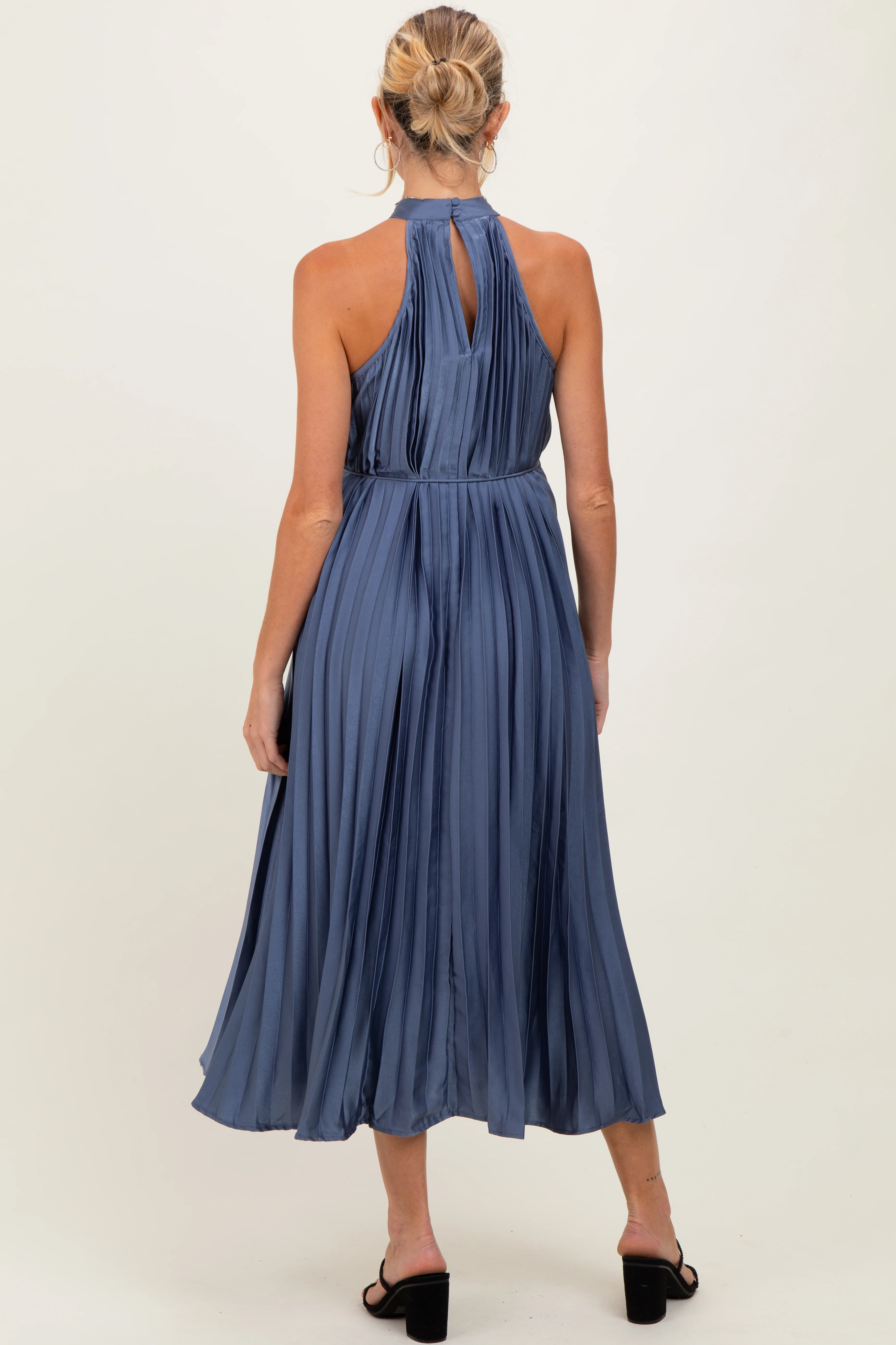 Navy Blue Pleated Maternity Halter Dress - Image 4