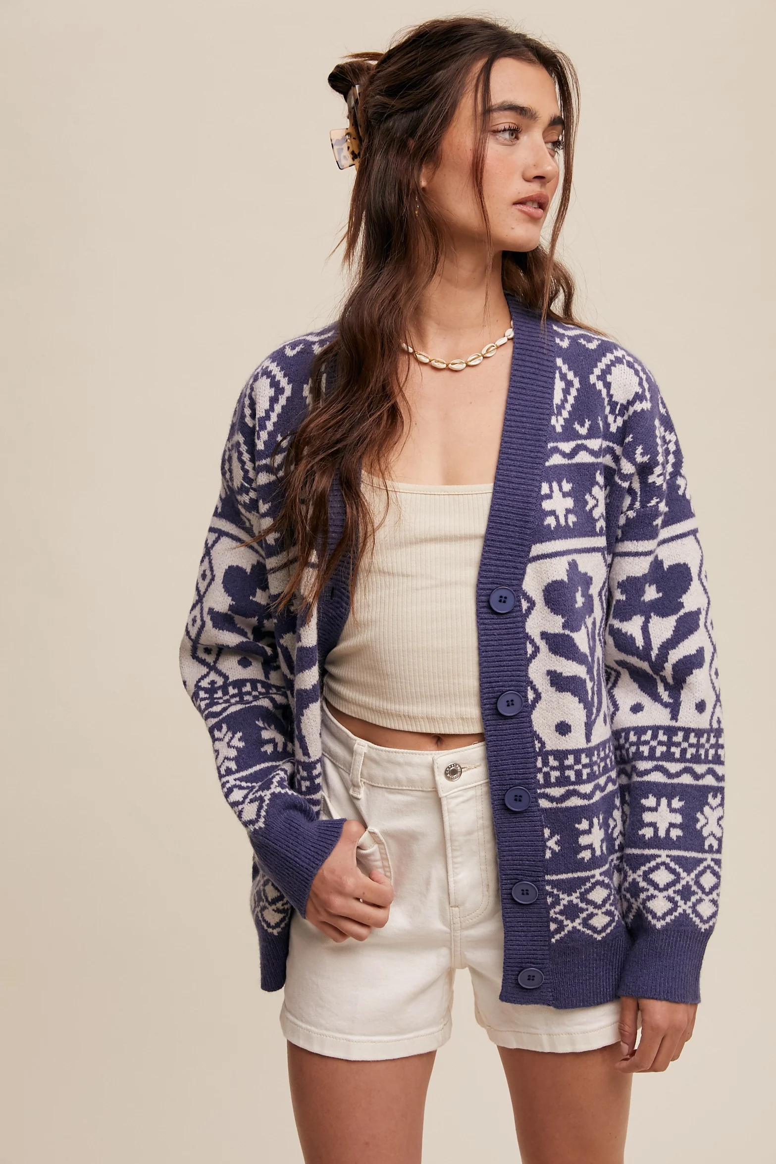 Navy Blue Printed Maternity Button Up Cardigan - Image 5