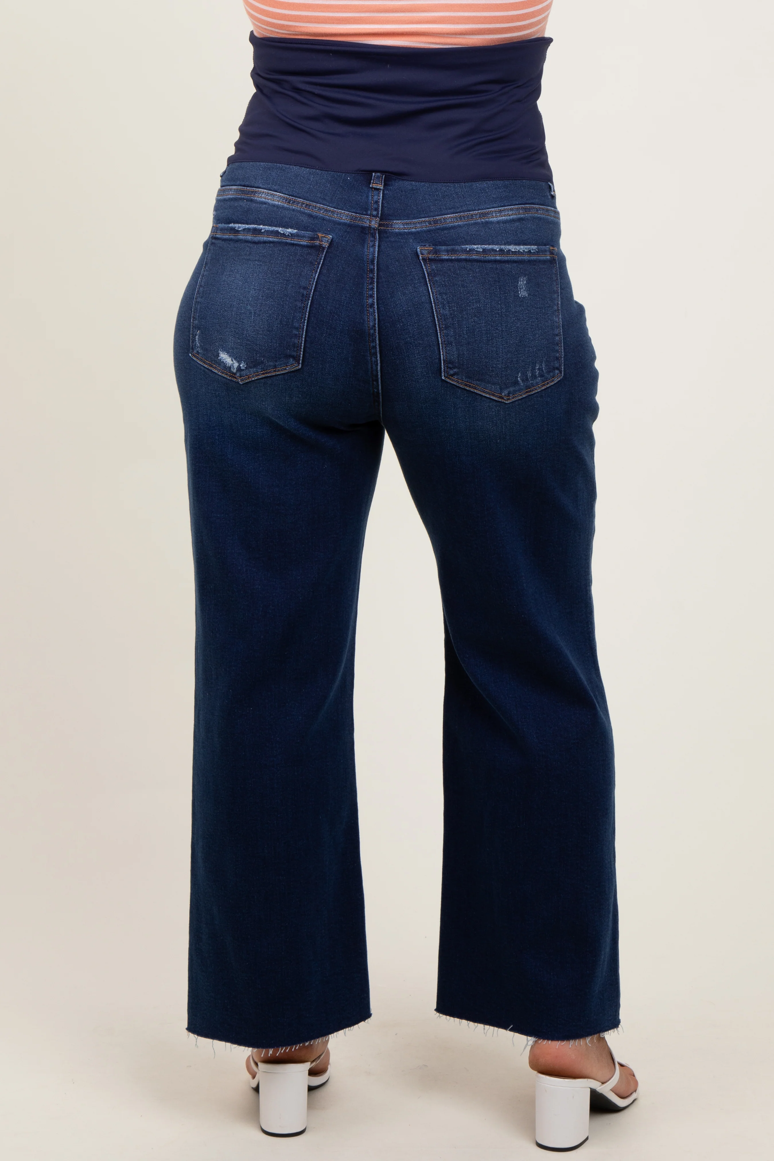 Navy Blue Raw Hem Wide Leg Maternity Plus Jeans - Image 4