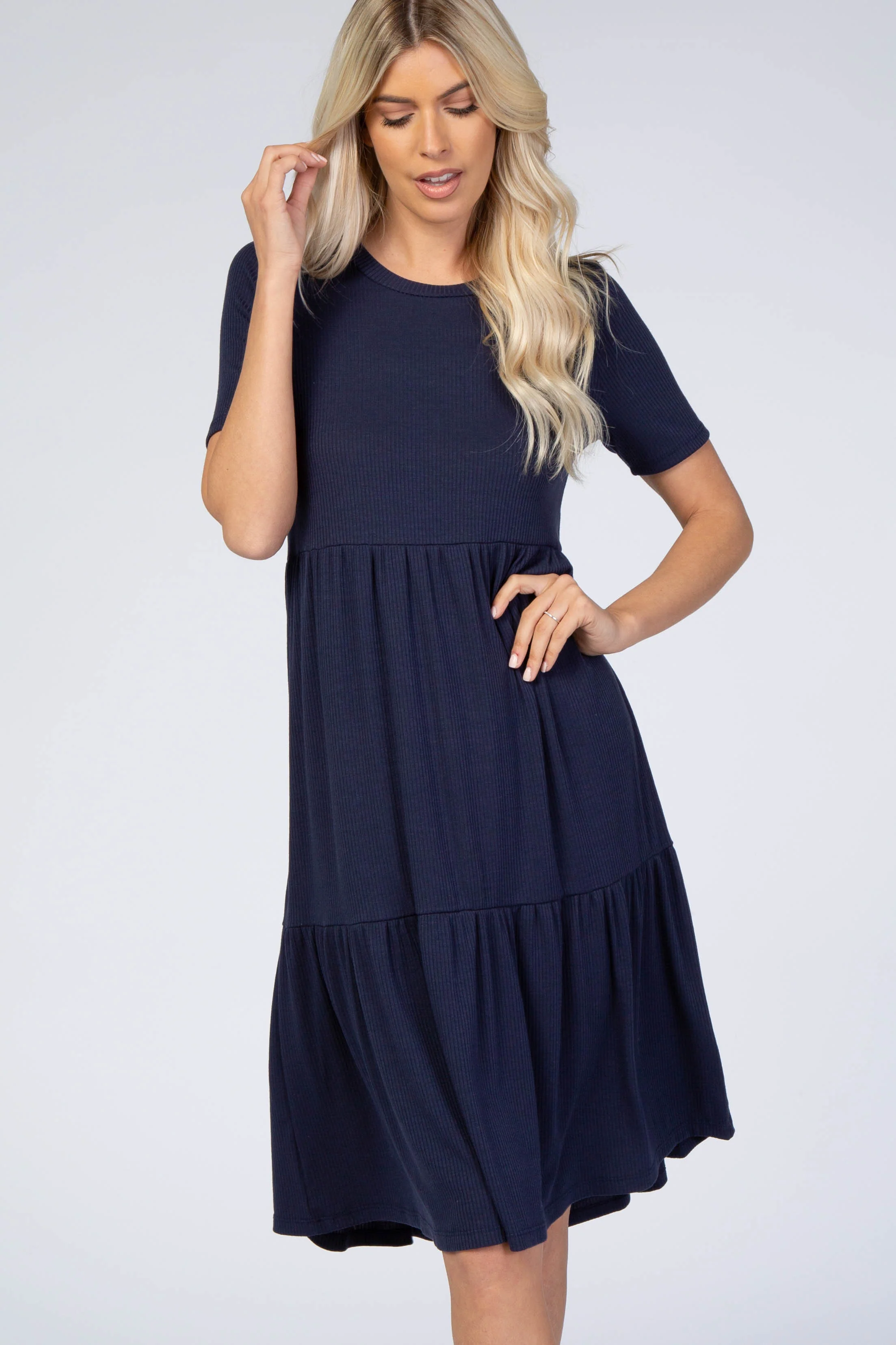 Navy Blue Ribbed Tiered Dress - Image 4