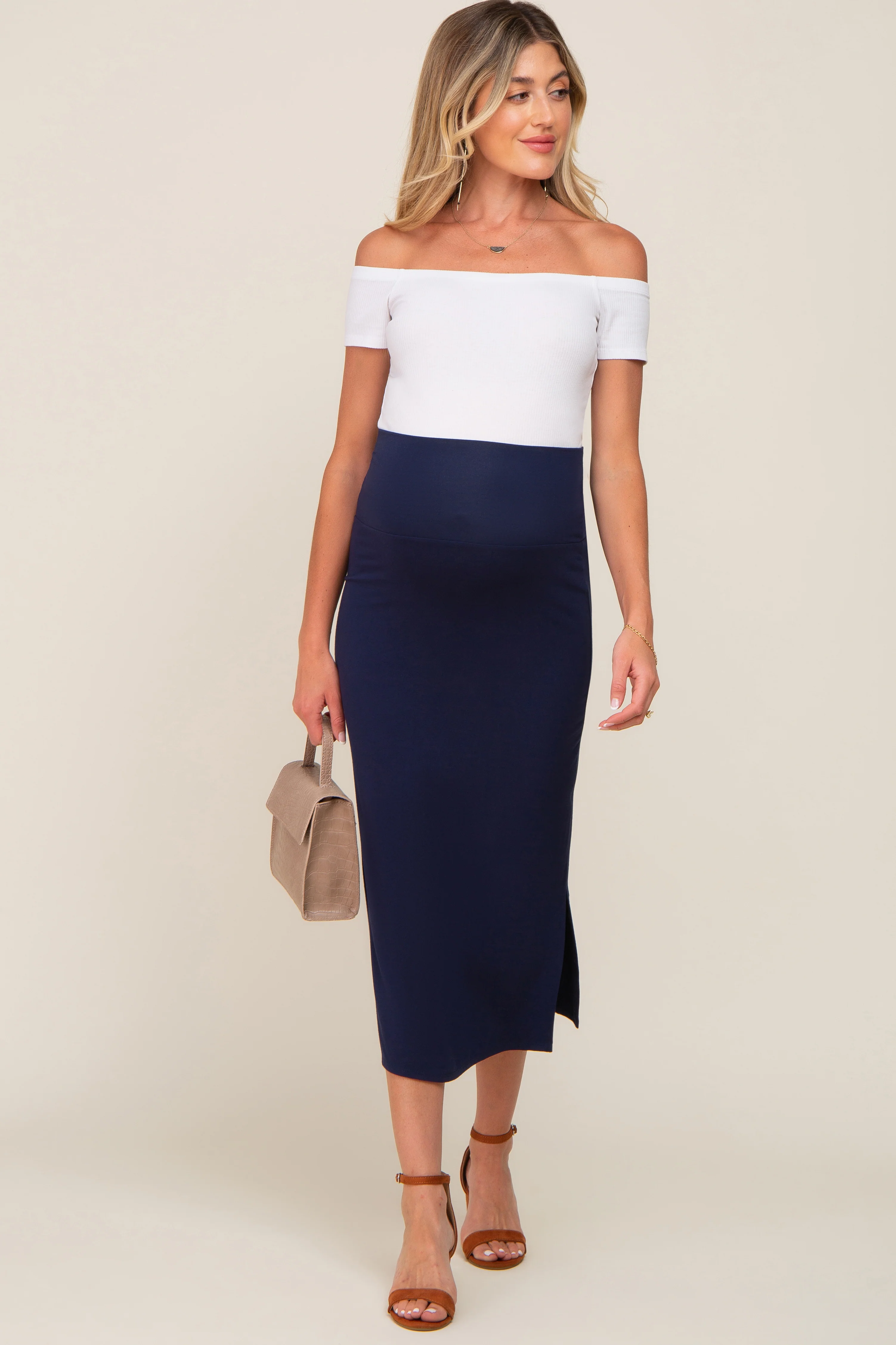 Navy Blue Side Slit Maternity Midi Skirt - Image 5