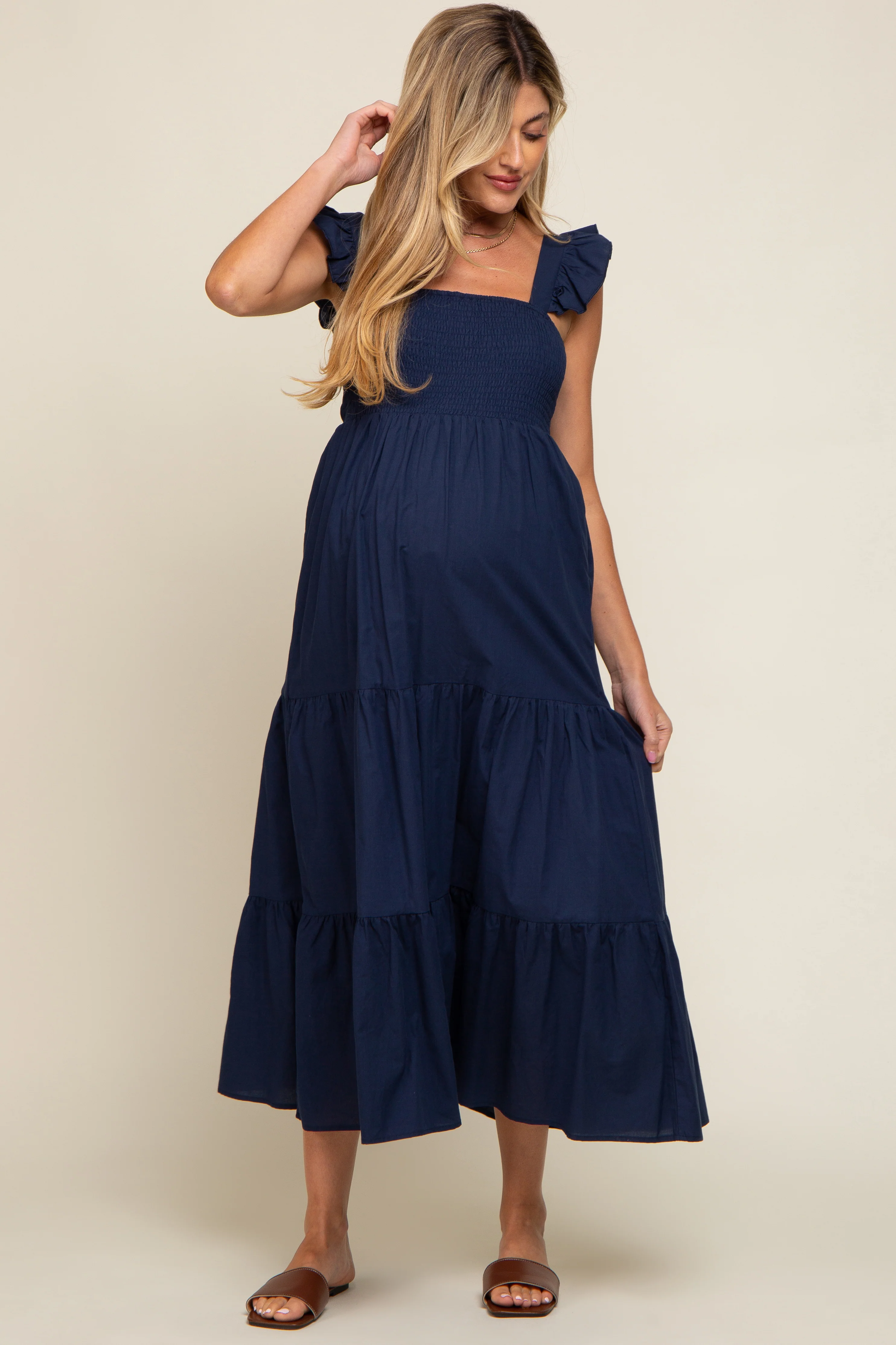 Navy Blue Sleeveless Tiered Maternity Maxi Dress - Image 5
