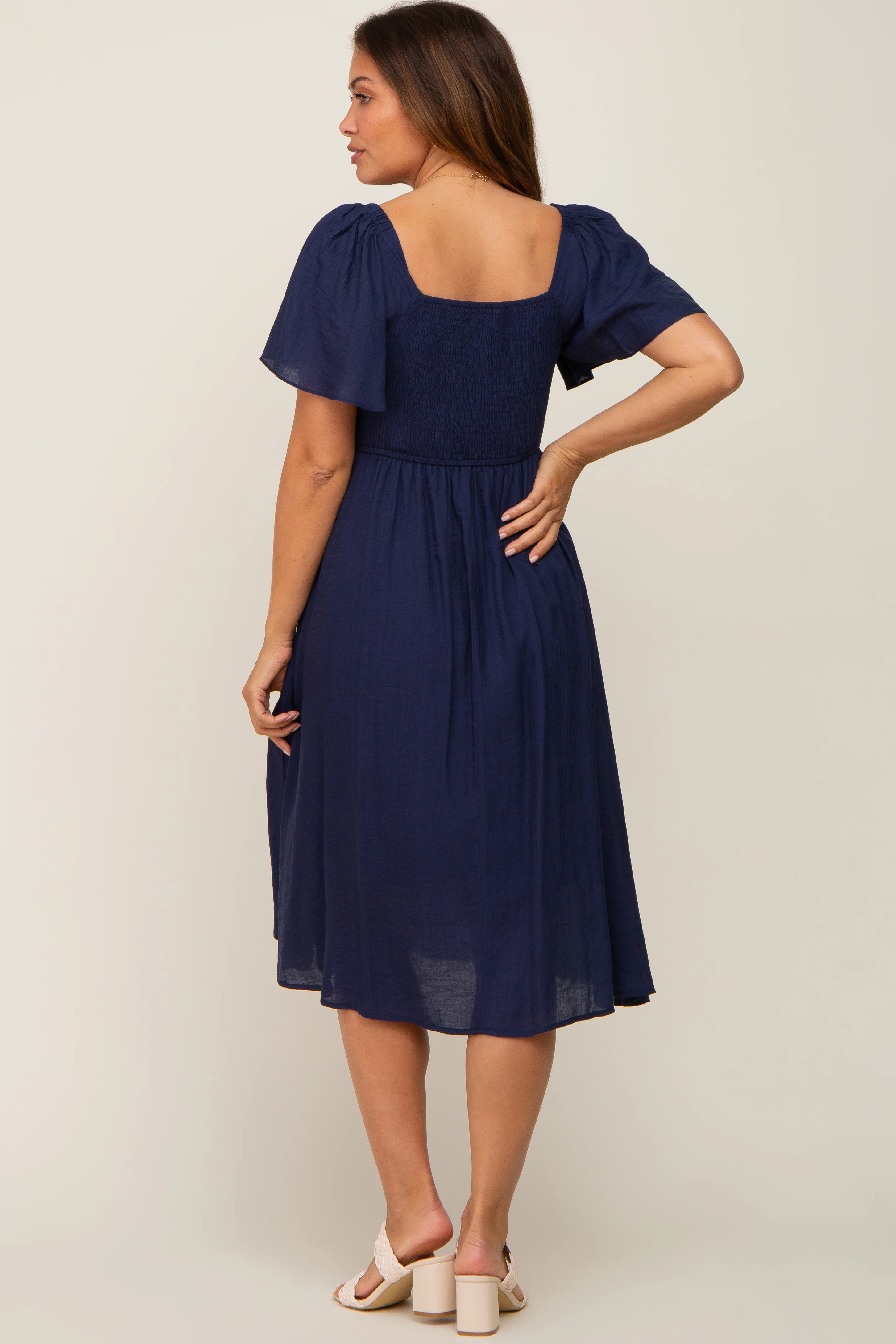 Navy Blue Smocked Square Neck Flutter Short Sleeve Maternity Midi Dress - Image 3
