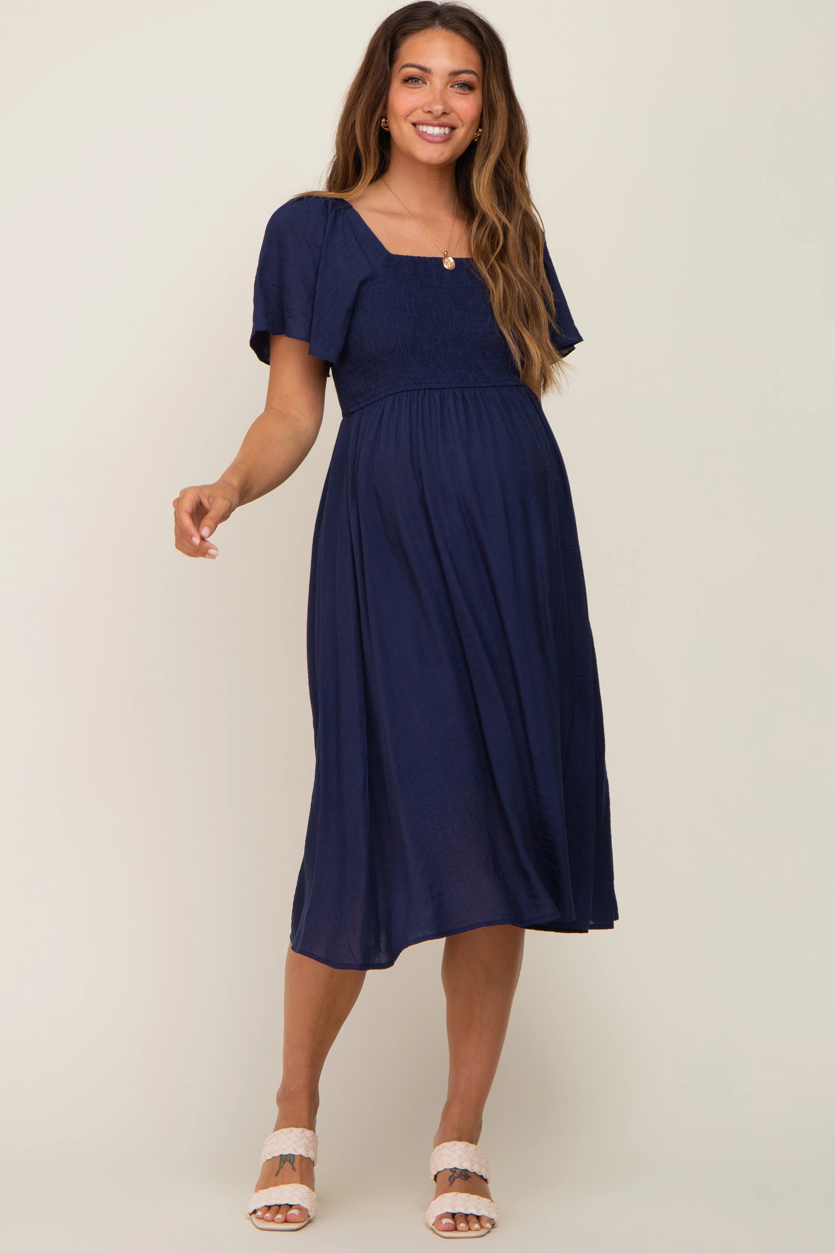 Navy Blue Smocked Square Neck Flutter Short Sleeve Maternity Midi Dress - Image 4