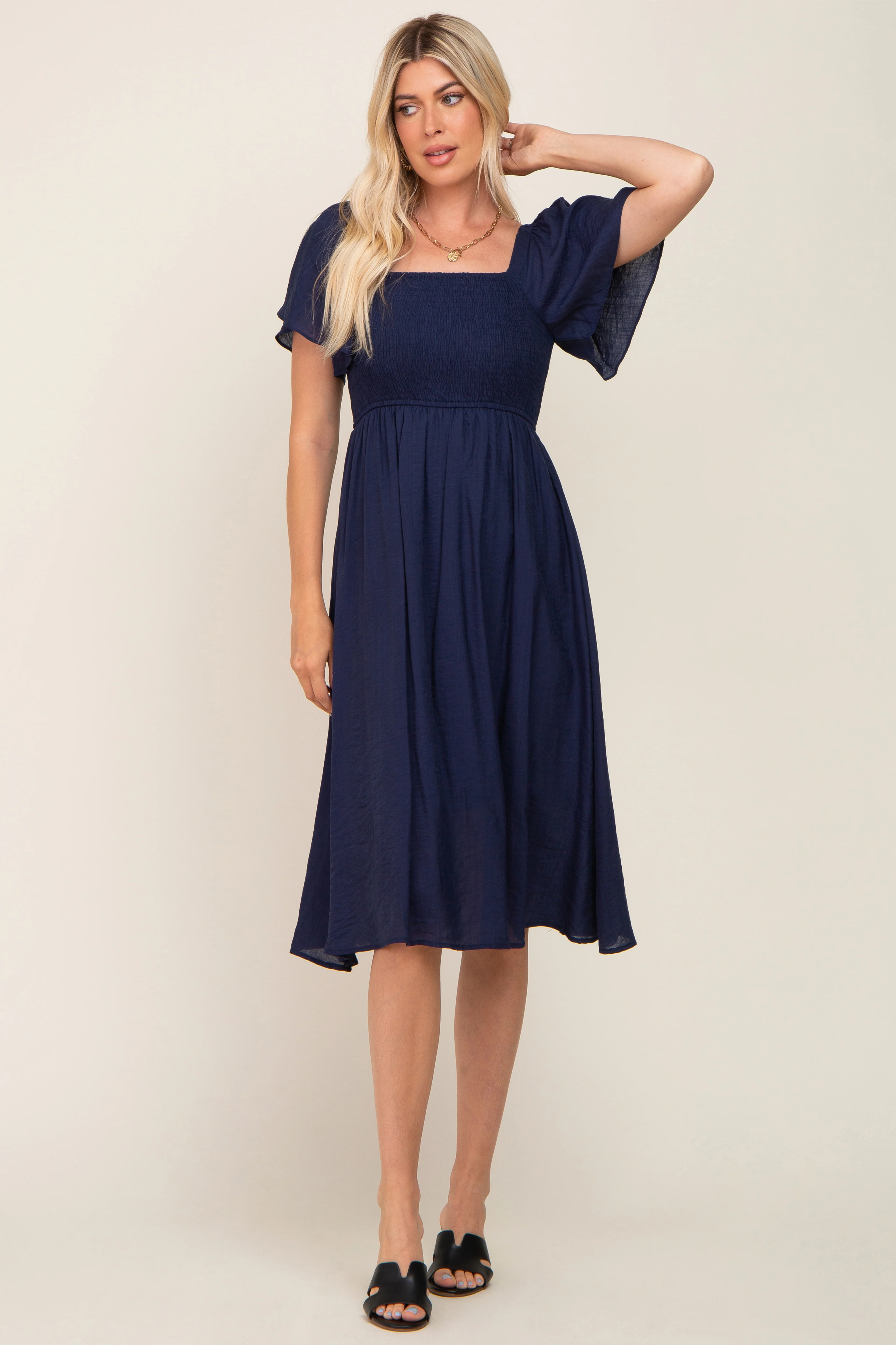 Navy Blue Smocked Square Neck Flutter Short Sleeve Maternity Midi Dress - Image 5