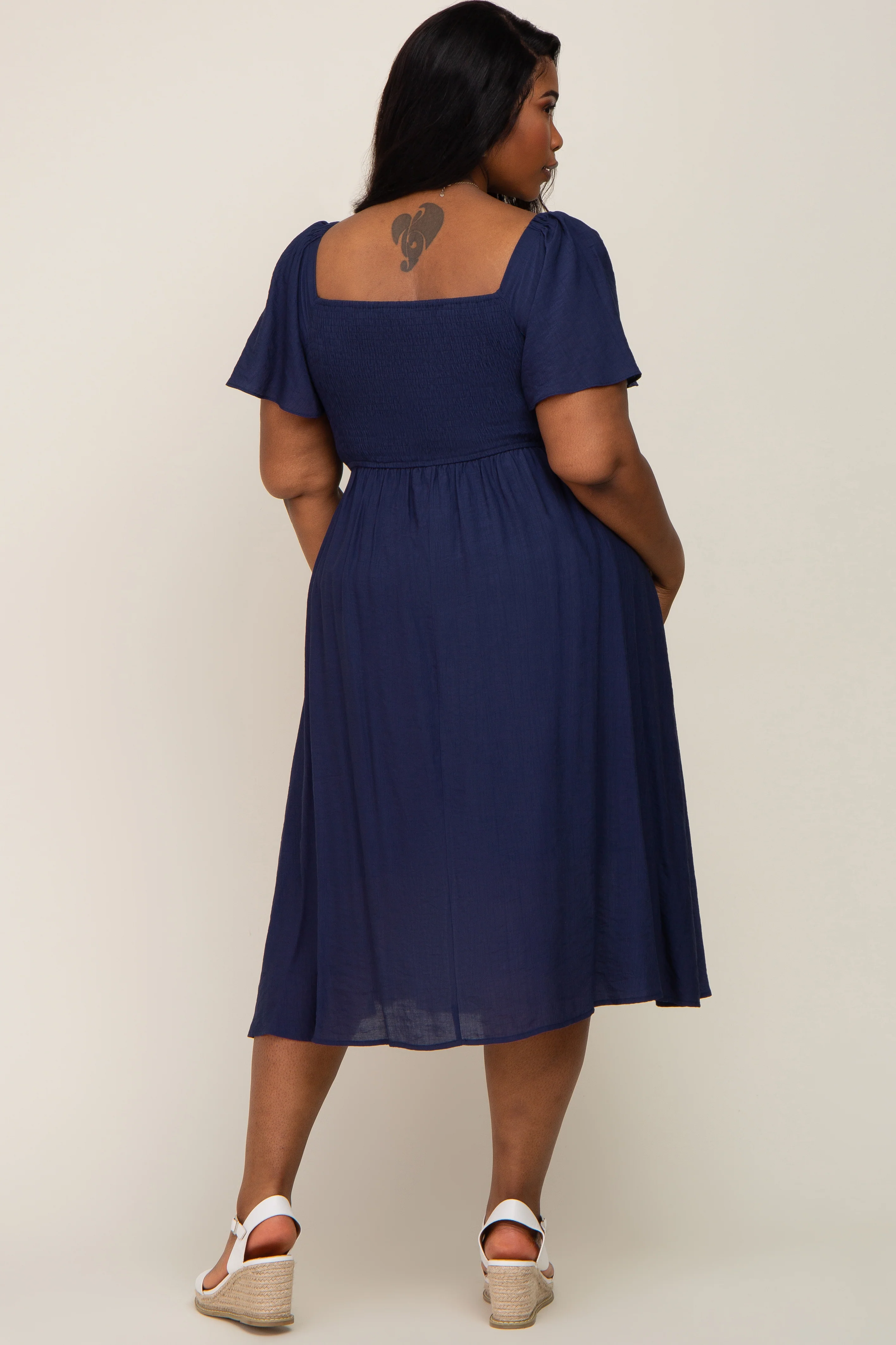 Navy Blue Smocked Square Neck Flutter Short Sleeve Plus Midi Dress - Image 3